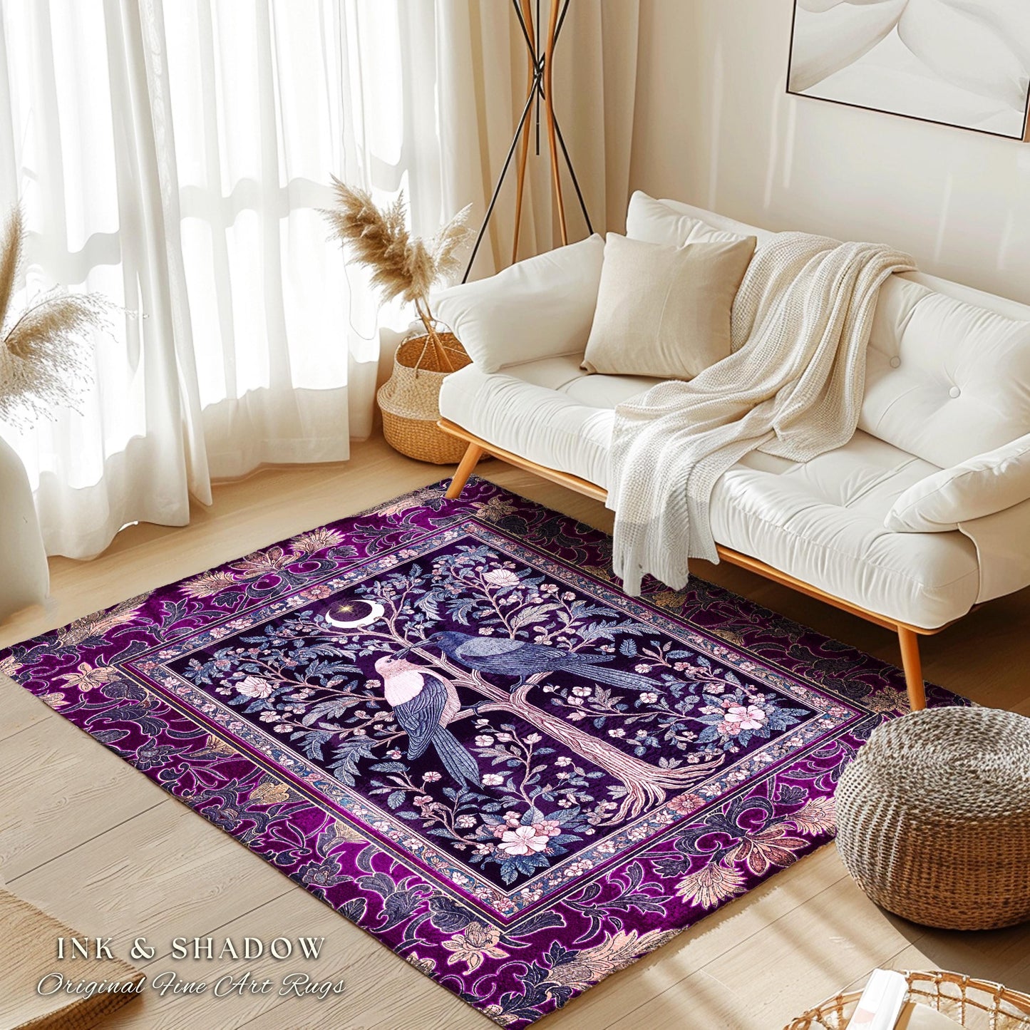 Witchy Purple Moonlit Raven Area Rug | Gothic Floral Moody Whimsical Dark Folklore Baroque Bedroom Accent Autumnal Whimsigothic Style Dorm |