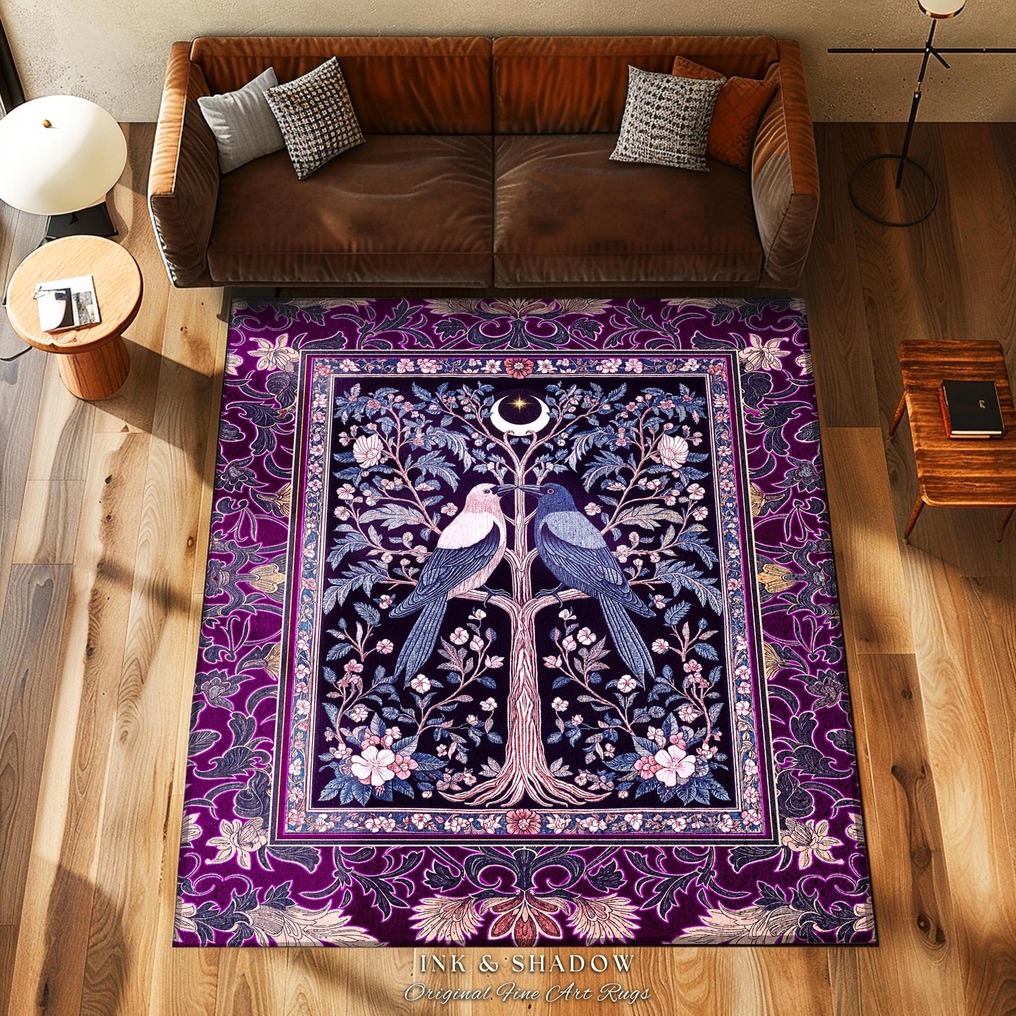 Witchy Purple Moonlit Raven Area Rug | Gothic Floral Moody Whimsical Dark Folklore Baroque Bedroom Accent Autumnal Whimsigothic Style Dorm |