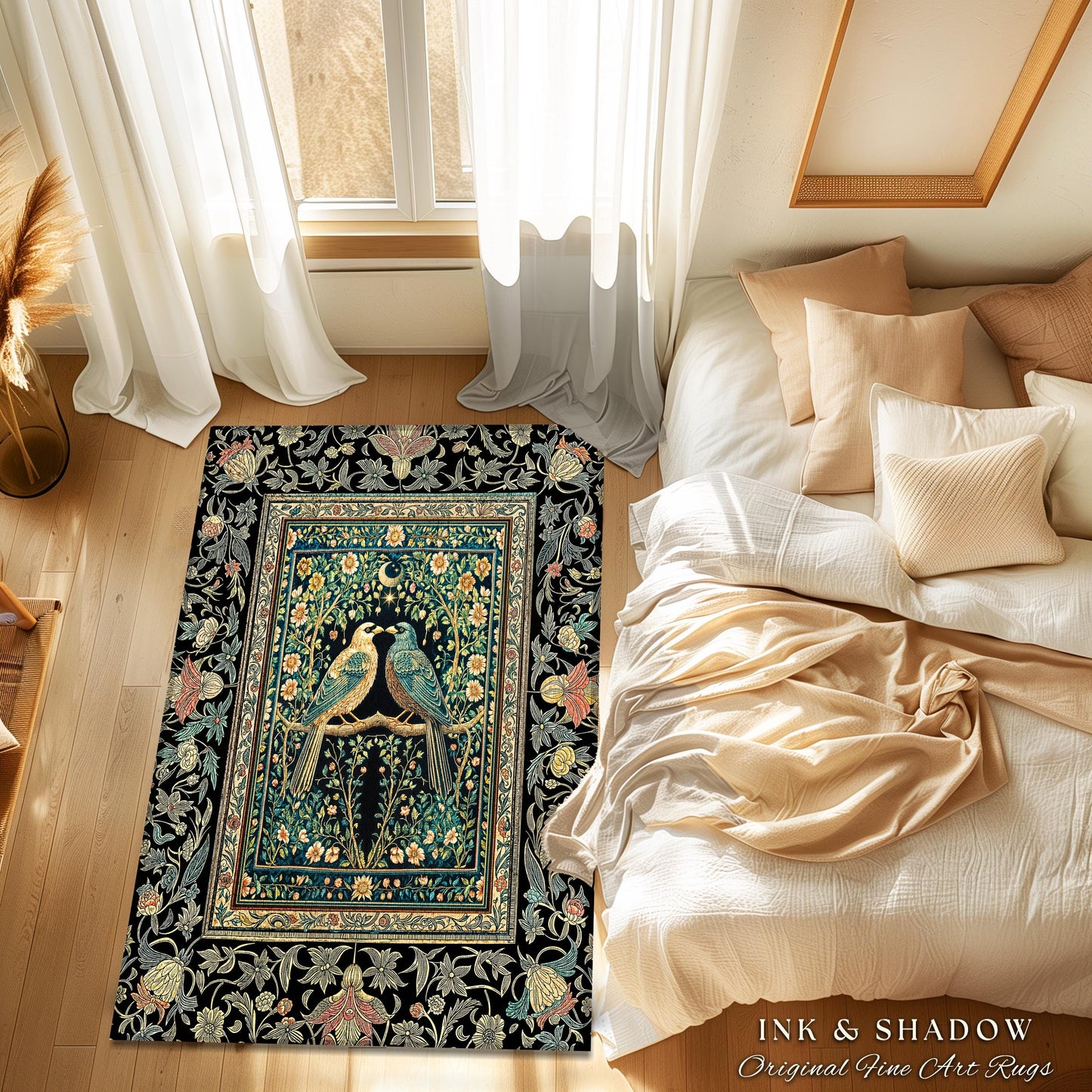 Rustic Celestial Garden Crow Rug | Maximalist Baroque Fairytale Cottagecore Aesthetic Raven Pair Storybook Enchanted Bedroom Accent Bohemian