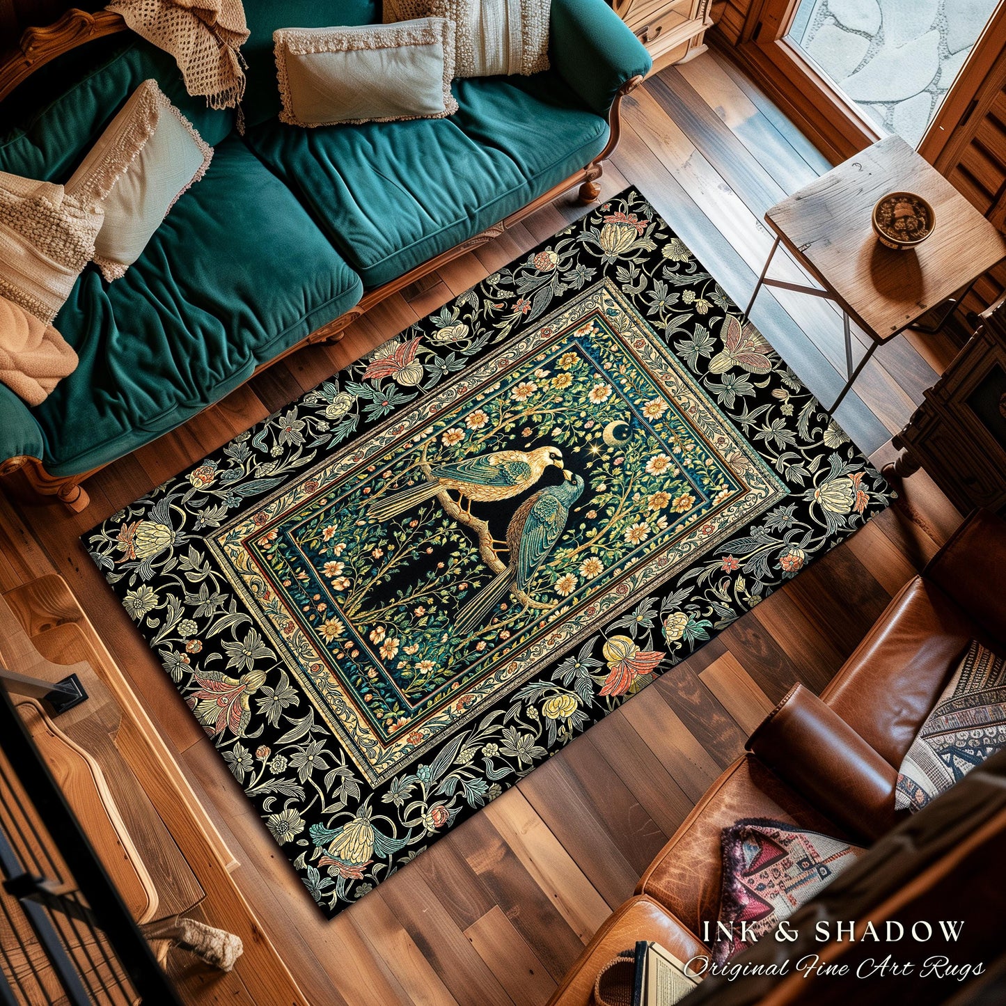 Rustic Celestial Garden Crow Rug | Maximalist Baroque Fairytale Cottagecore Aesthetic Raven Pair Storybook Enchanted Bedroom Accent Bohemian