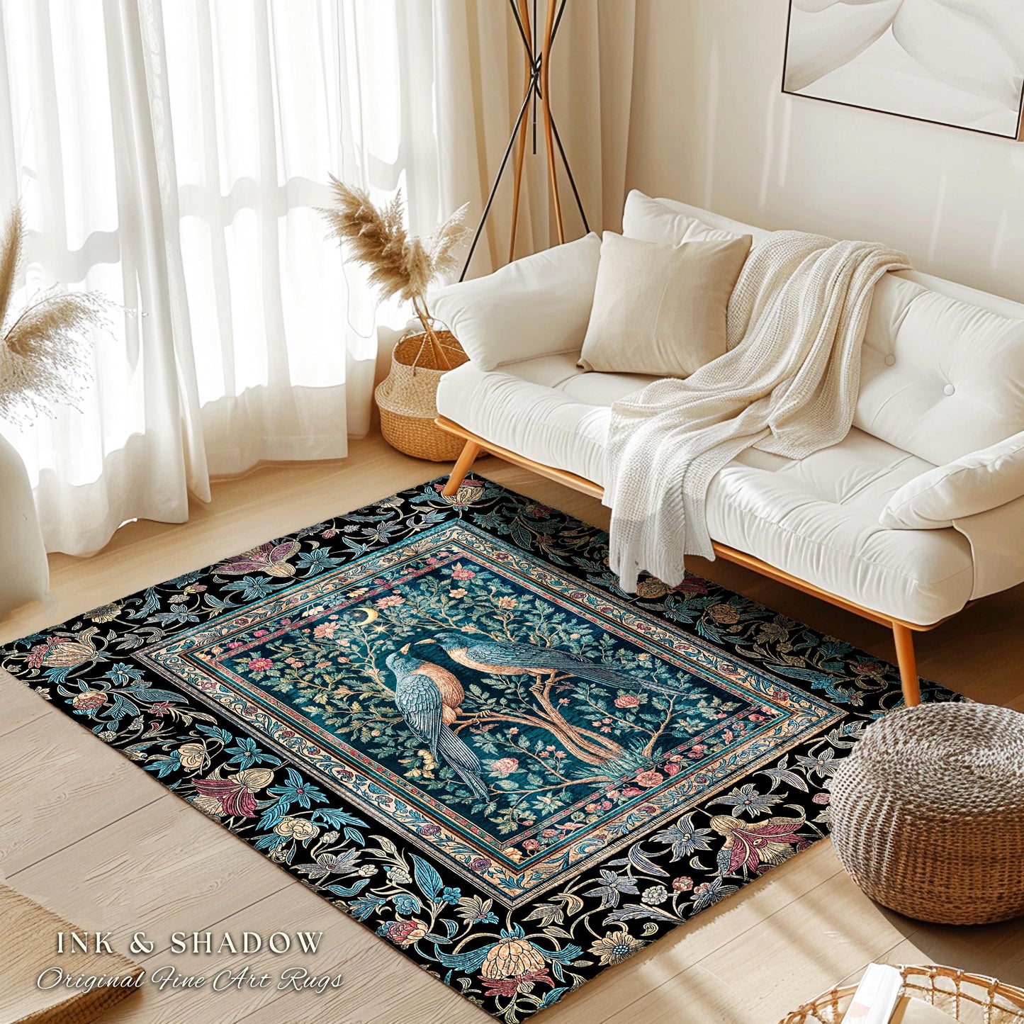 Baroque Celestial Gothic Crow Rug | Dark Academia Victorian Raven Decor Forest Cottagecore Aesthetic Cozy Moody Accent Enchanted Style Room