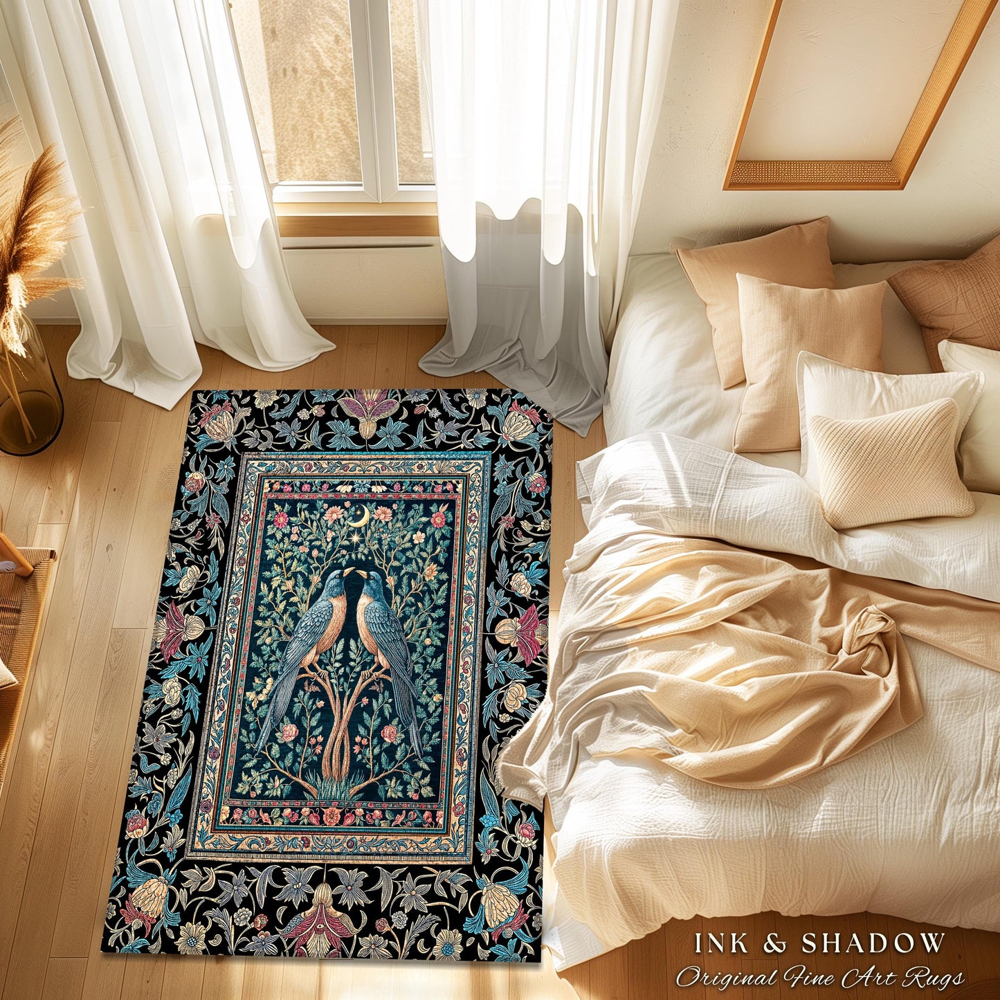 Baroque Celestial Gothic Crow Rug | Dark Academia Victorian Raven Decor Forest Cottagecore Aesthetic Cozy Moody Accent Enchanted Style Room
