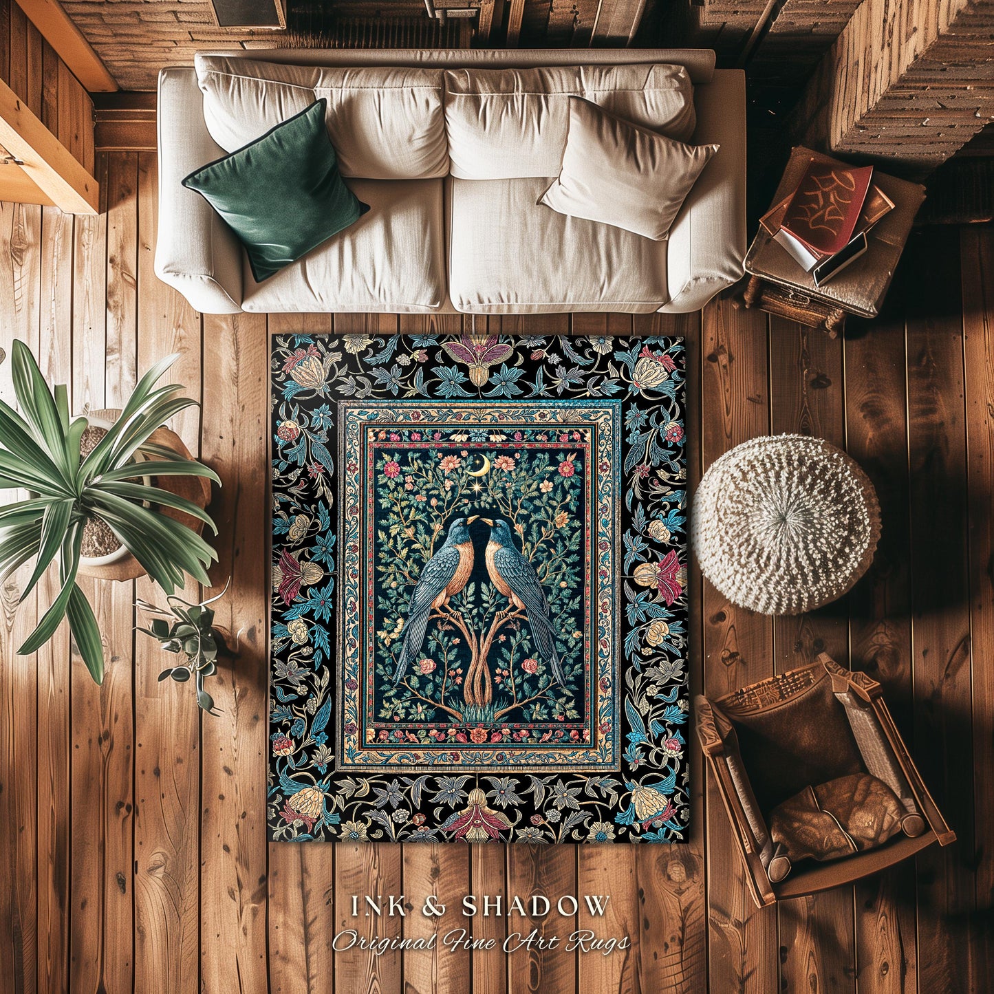 Baroque Celestial Gothic Crow Rug | Dark Academia Victorian Raven Decor Forest Cottagecore Aesthetic Cozy Moody Accent Enchanted Style Room