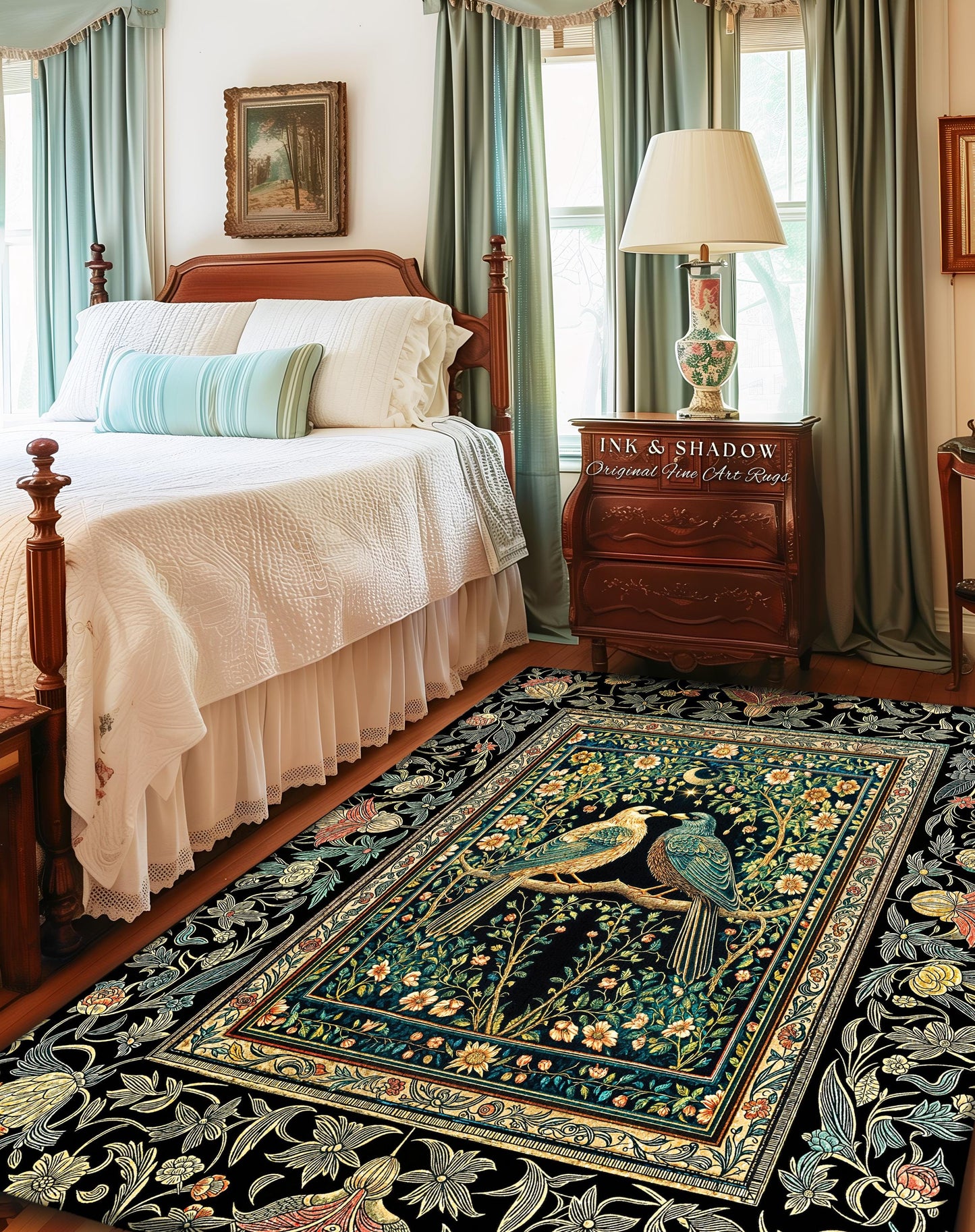 Rustic Celestial Garden Crow Rug | Maximalist Baroque Fairytale Cottagecore Aesthetic Raven Pair Storybook Enchanted Bedroom Accent Bohemian