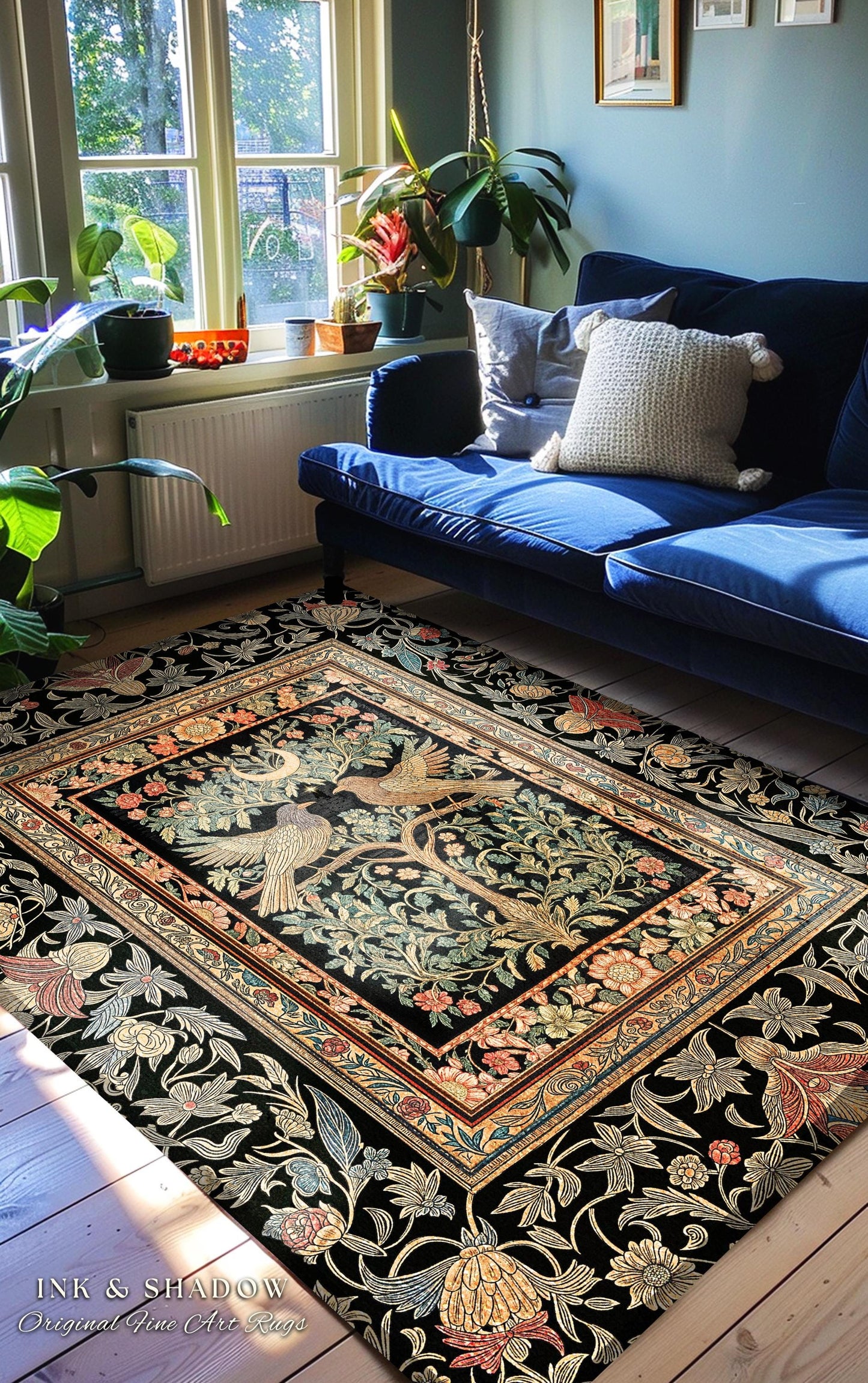 Fairytale Forest Crowcore Accent Rug | Baroque Cottagecore Style Celestial Raven Lovers Decor Cozy Dark Academia Inspired Enchanted Style |
