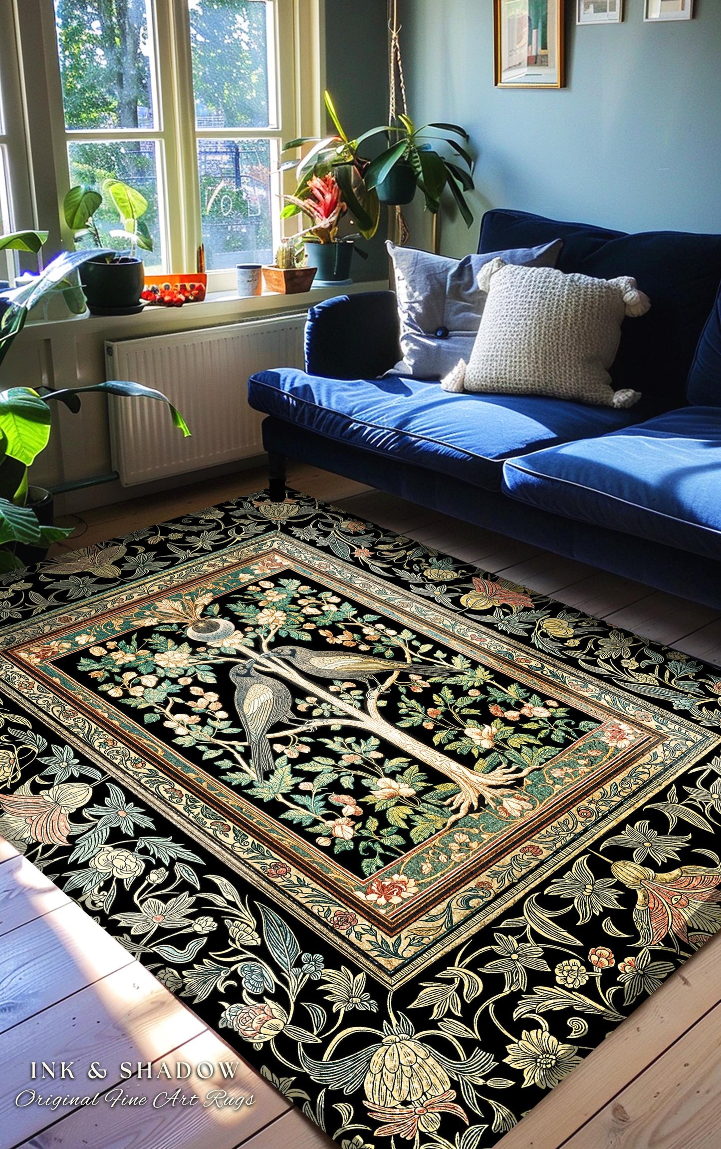 Maximalist Gothic Crowcore Rug | Enchanted Celestial Decor Baroque Forest Accent Cottagecore Cozy Bedroom Dark Academia Inspired Botanical