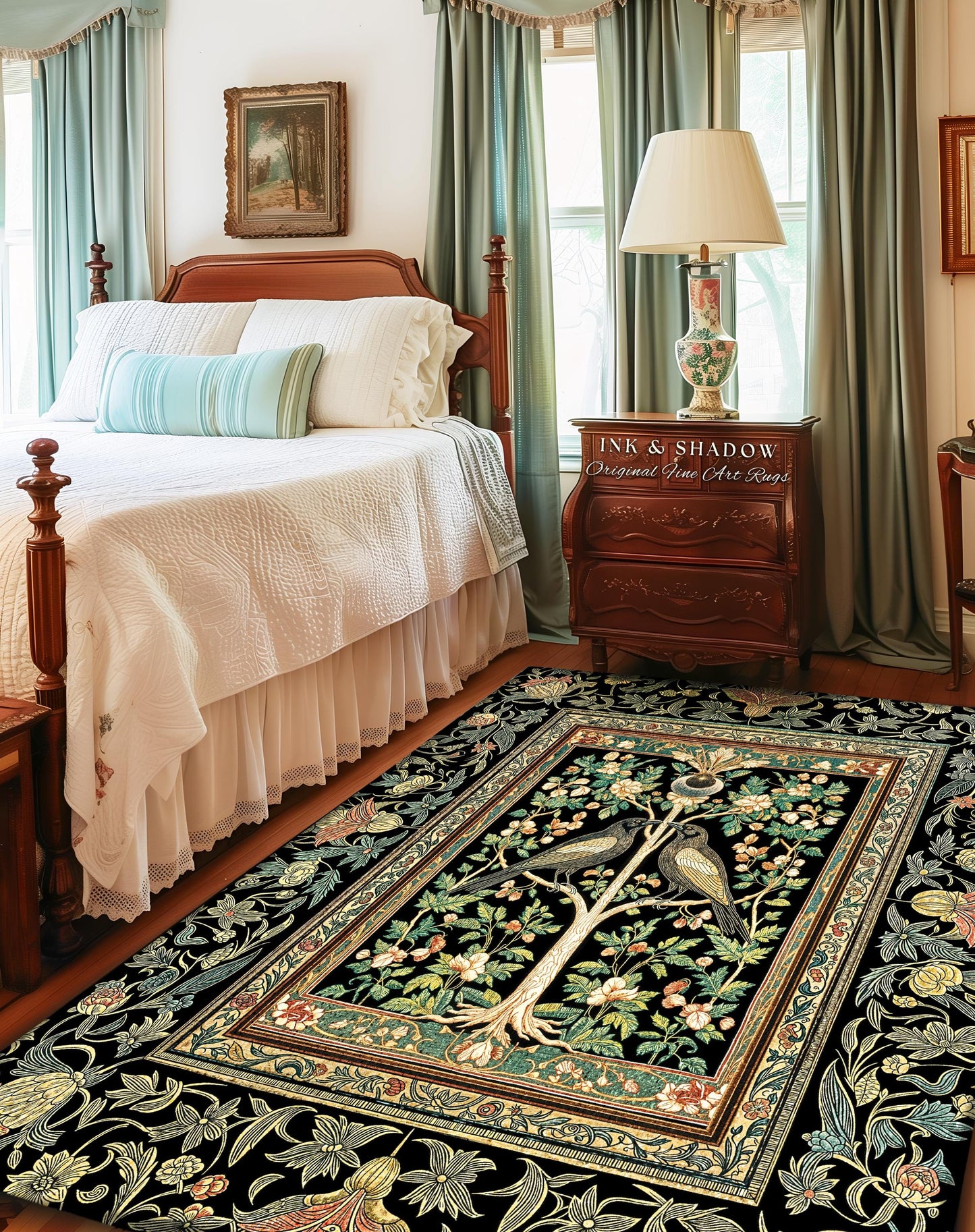Maximalist Gothic Crowcore Rug | Enchanted Celestial Decor Baroque Forest Accent Cottagecore Cozy Bedroom Dark Academia Inspired Botanical