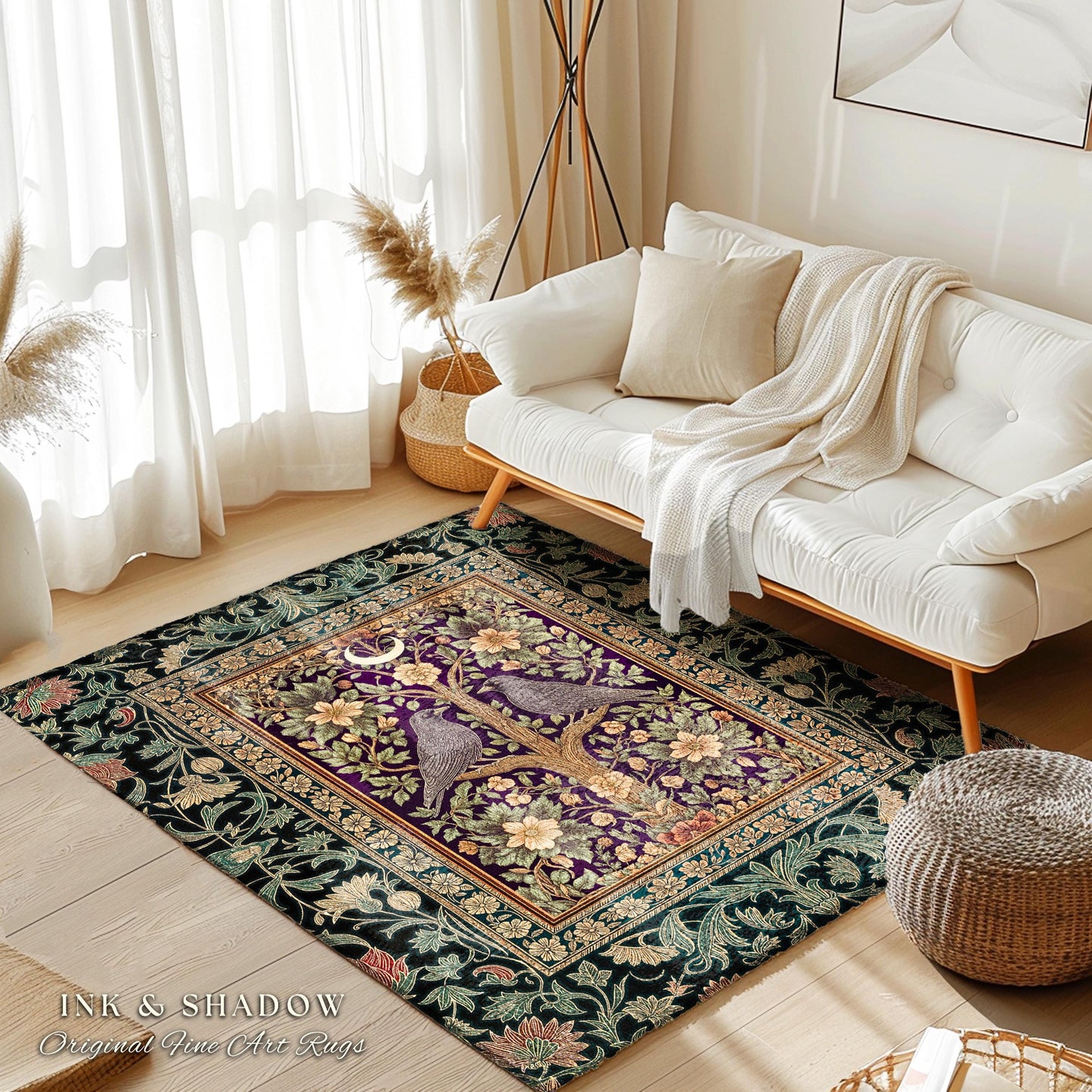 Bohemian Botanical Bird Rug | Cozy Baroque Floral Decor Cottagecore Accent Rustic Victorian Style Bedroom Crowcore Autumnal Dark Fairytale