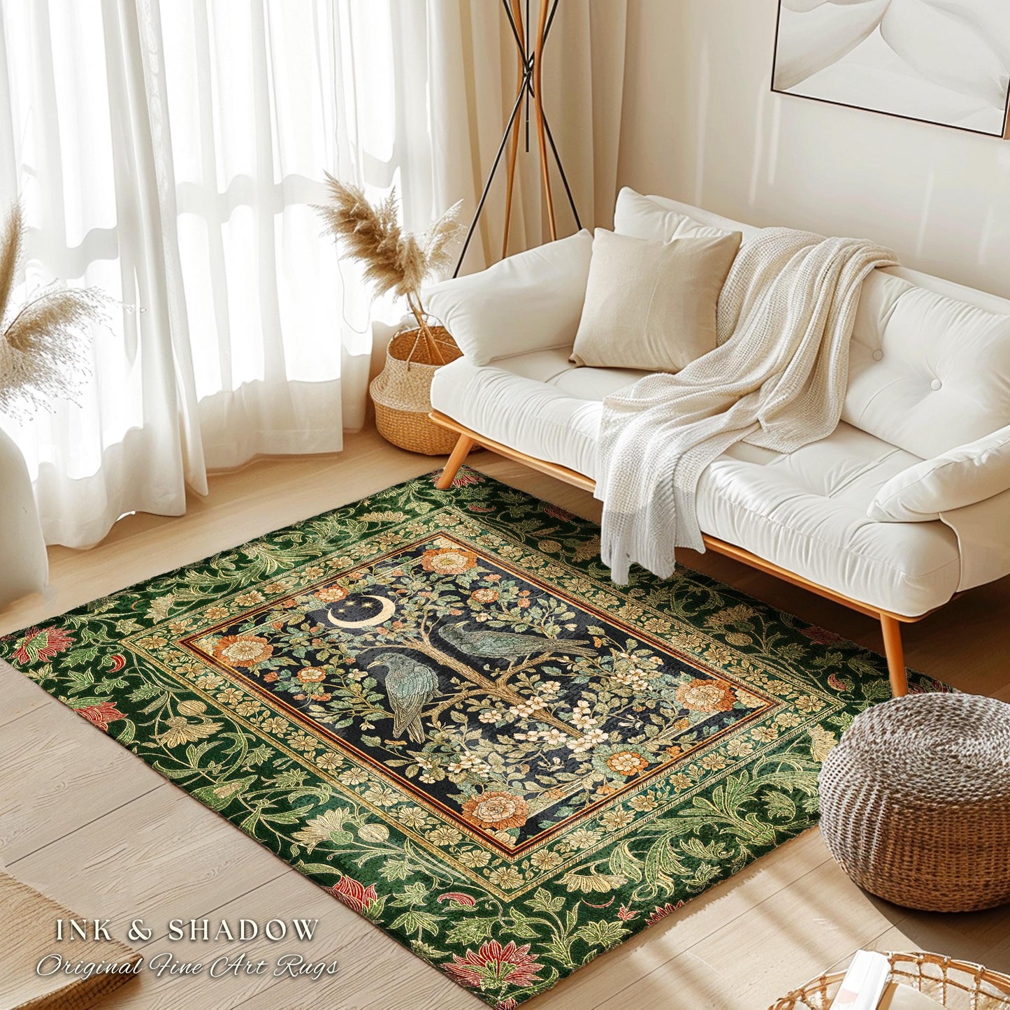 Rustic Garden Maximalist Raven Rug | Gothic Cottagecore Decor Baroque Forest Style Cozy Autumnal Accent Botanical Bedroom Antique Inspired