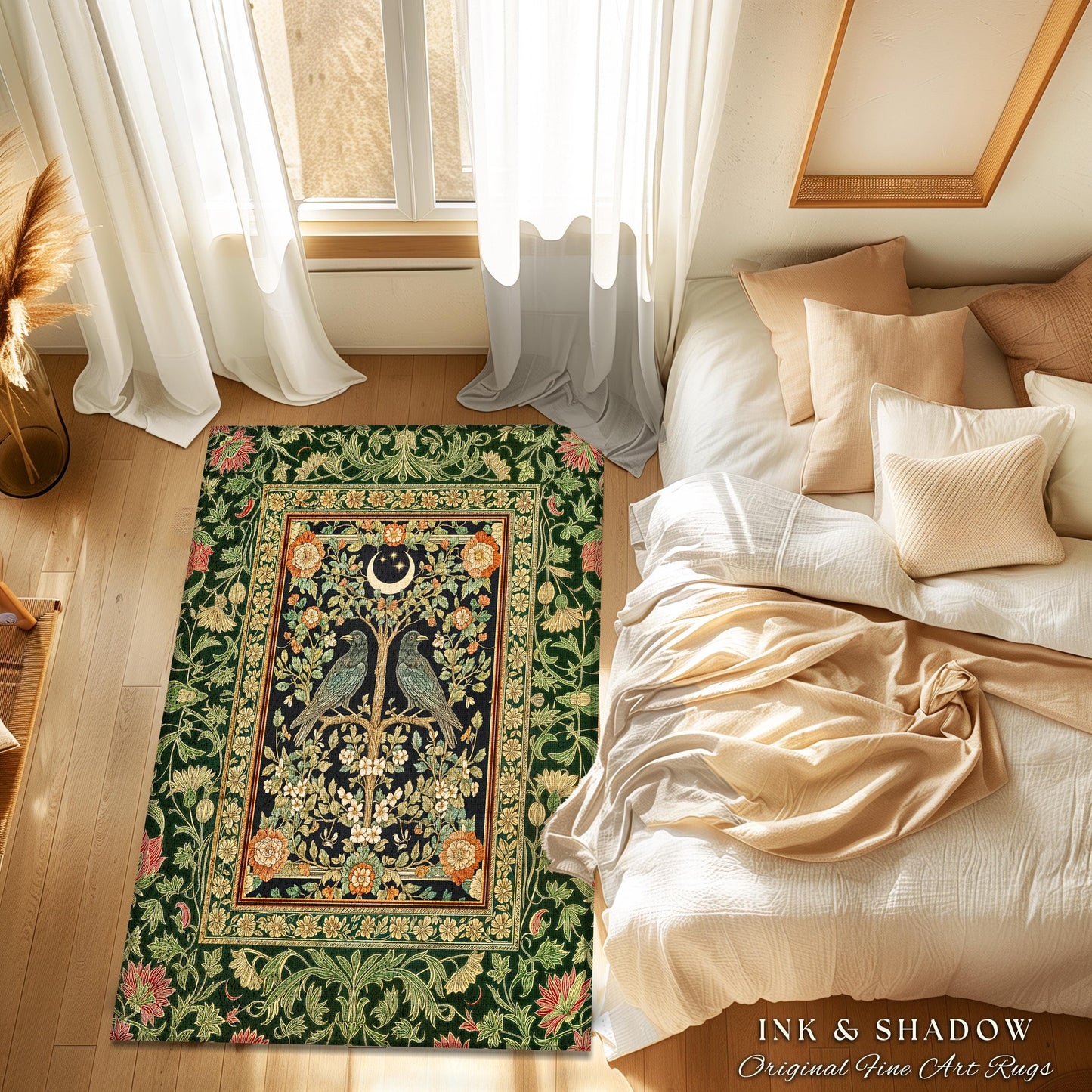 Rustic Garden Maximalist Raven Rug | Gothic Cottagecore Decor Baroque Forest Style Cozy Autumnal Accent Botanical Bedroom Antique Inspired