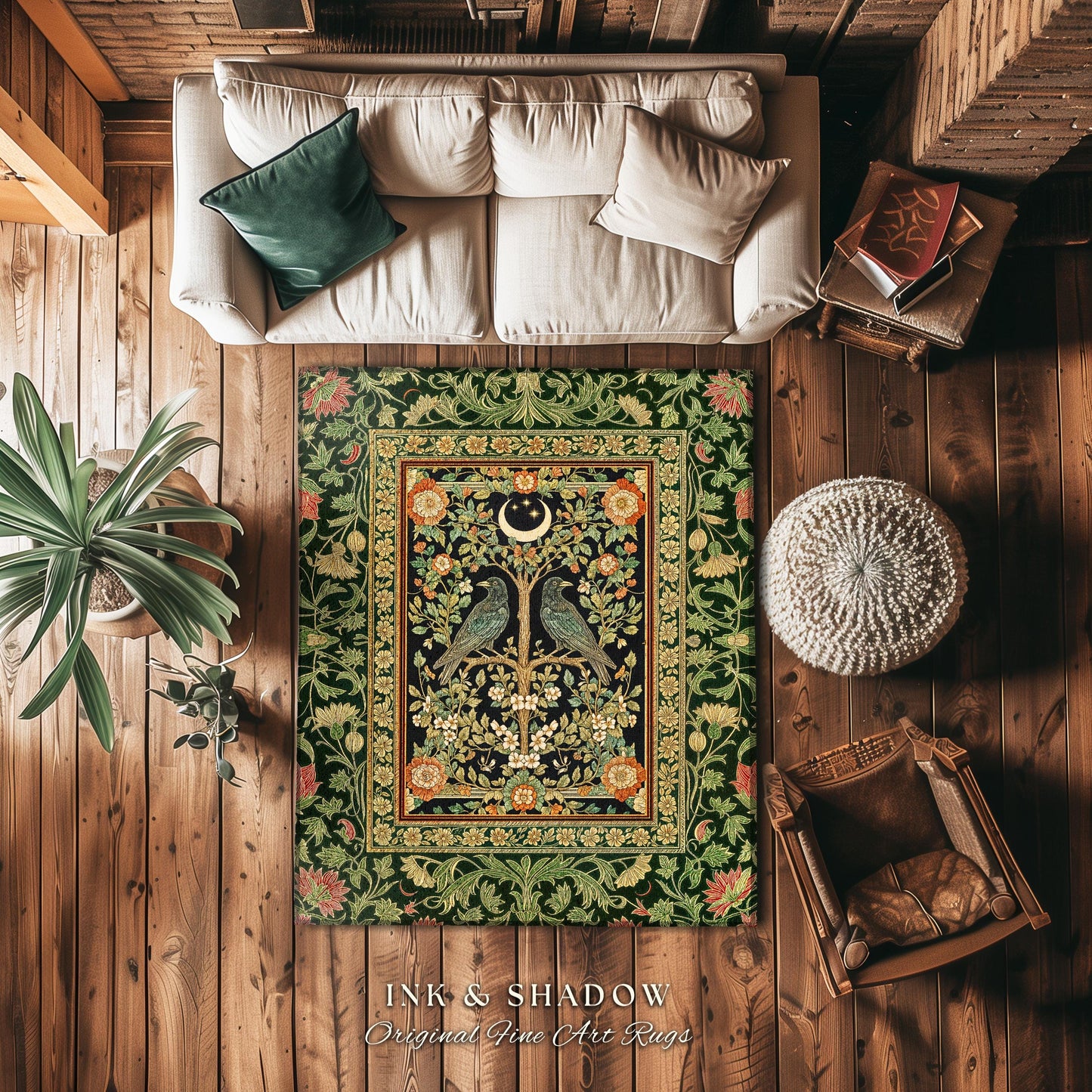 Rustic Garden Maximalist Raven Rug | Gothic Cottagecore Decor Baroque Forest Style Cozy Autumnal Accent Botanical Bedroom Antique Inspired