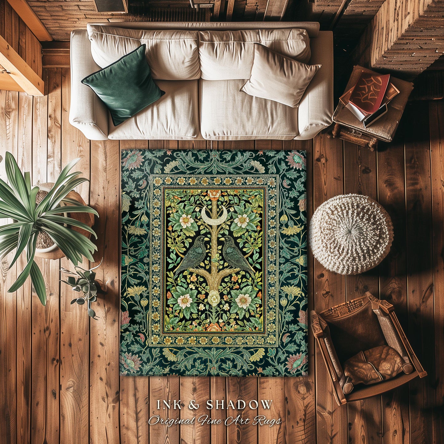 Muted Green Botanical Raven Rug | Rustic Forest Decor Baroque Celestial Accent Cottagecore Bedroom Vintage Inspired Enchanted Fairytale Boho