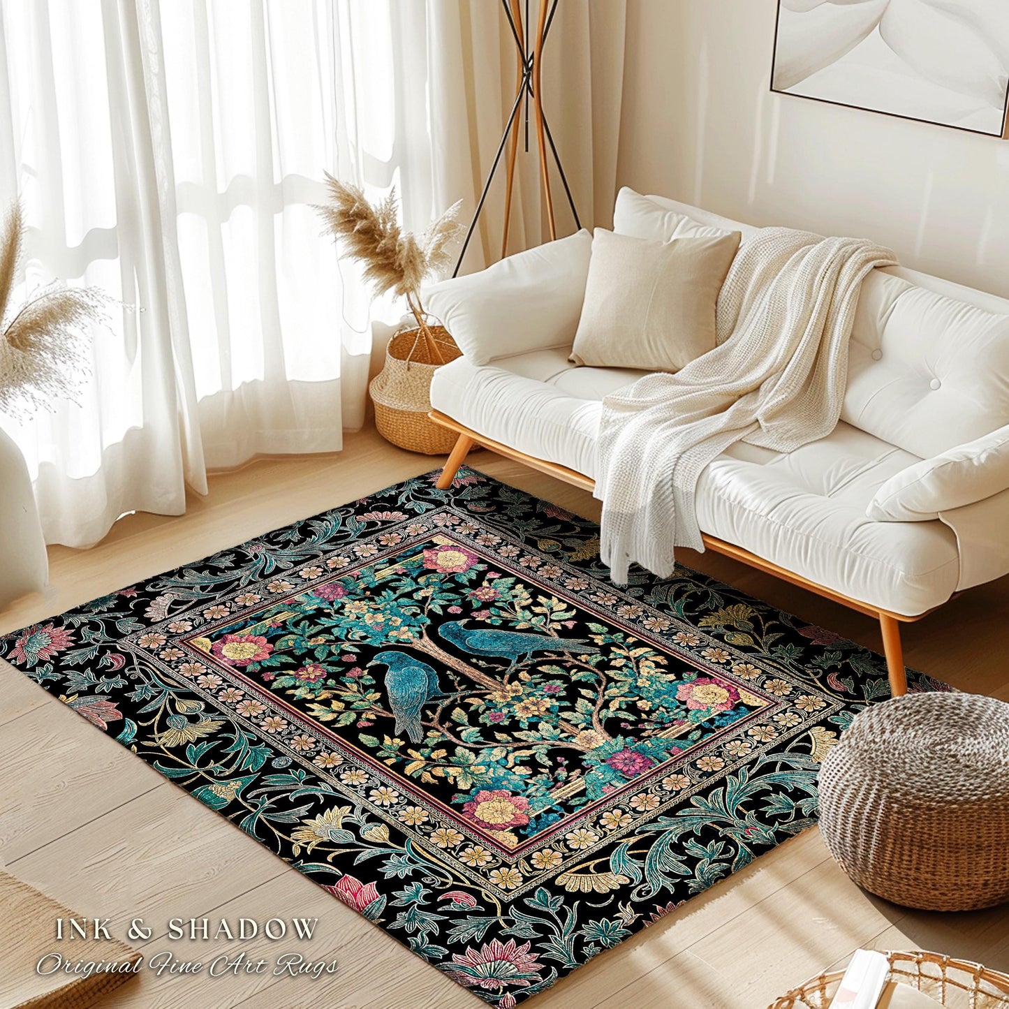 Retro Floral Baroque Crow Area Rug | Antique Inspired Decor French Cottage Accent Autumnal Aesthetic Celestial Bedroom Mystical Enchanted |