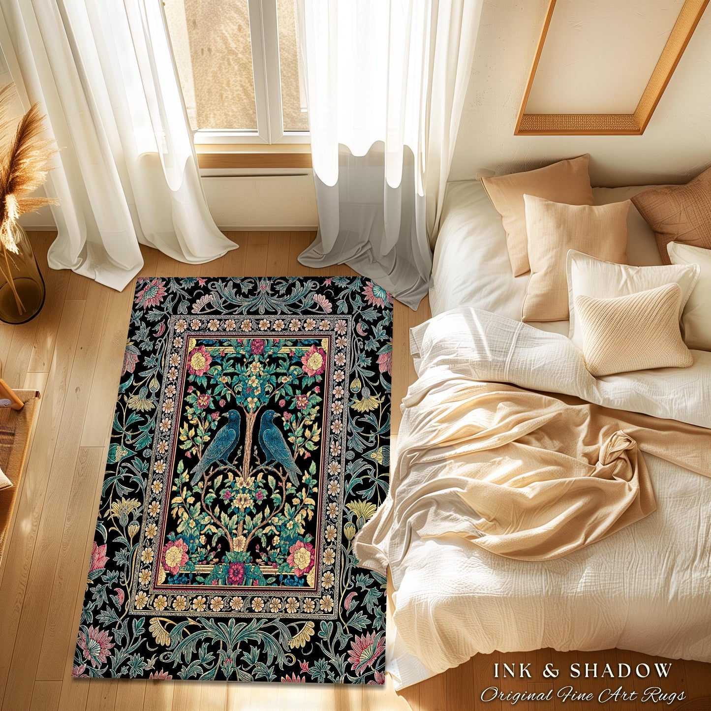 Retro Floral Baroque Crow Area Rug | Antique Inspired Decor French Cottage Accent Autumnal Aesthetic Celestial Bedroom Mystical Enchanted |