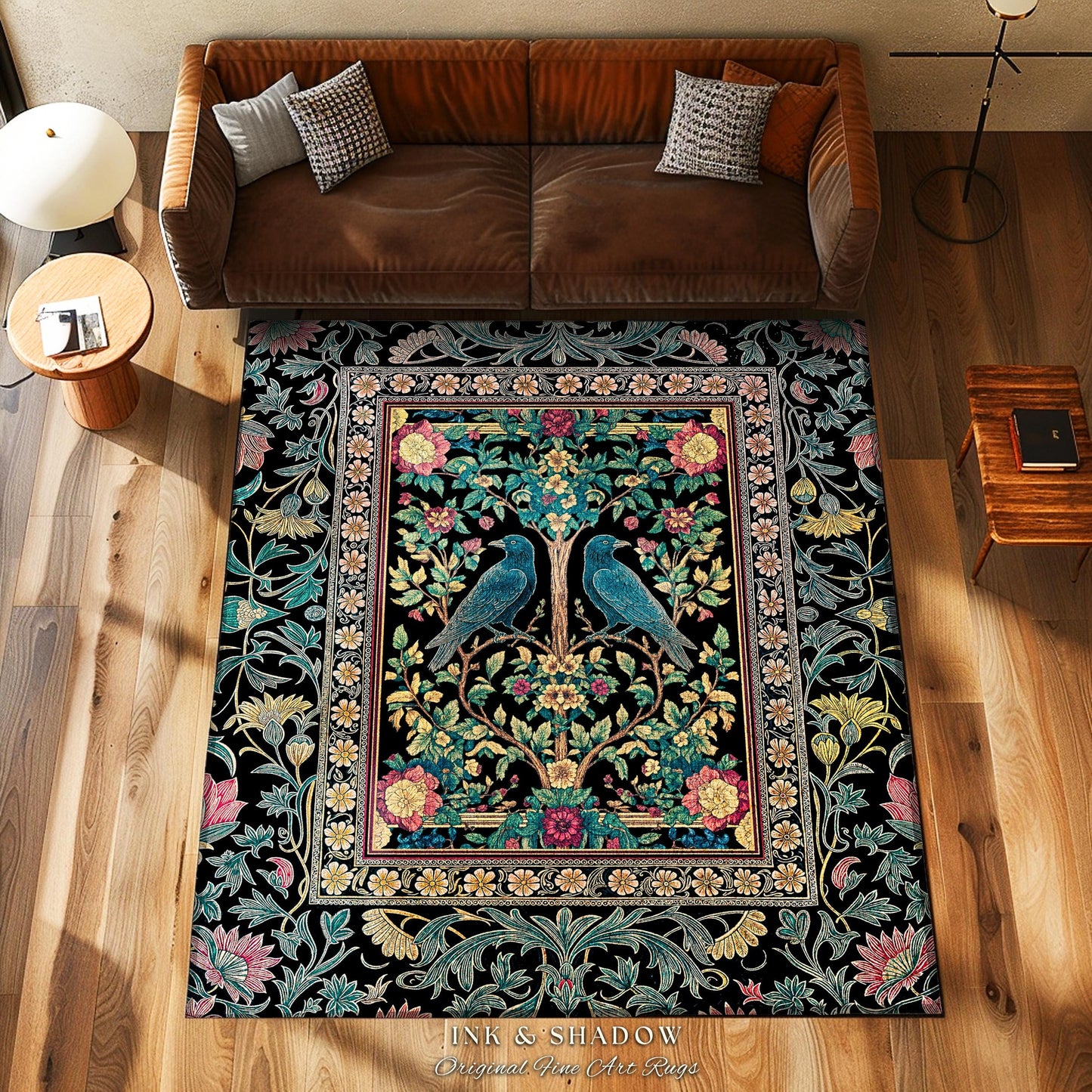 Retro Floral Baroque Crow Area Rug | Antique Inspired Decor French Cottage Accent Autumnal Aesthetic Celestial Bedroom Mystical Enchanted |