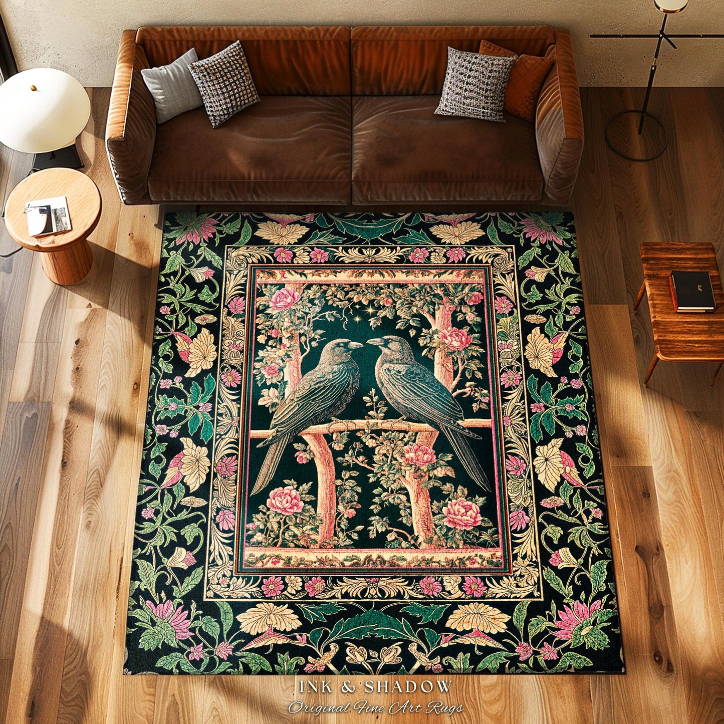 Enchanted Storybook Floral Area Rug | Cottagecore Gothic Accent Dark Academia Baroque Botanical Celestial Bedroom Mystical Maximalist Ravens