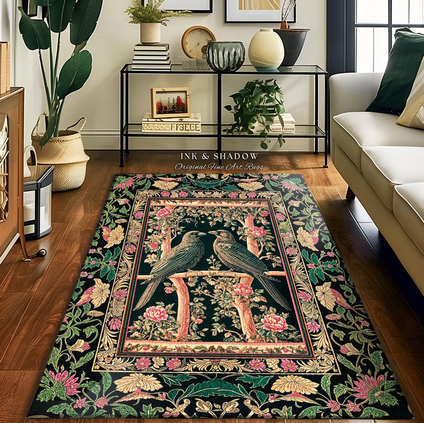 Enchanted Storybook Floral Area Rug | Cottagecore Gothic Accent Dark Academia Baroque Botanical Celestial Bedroom Mystical Maximalist Ravens