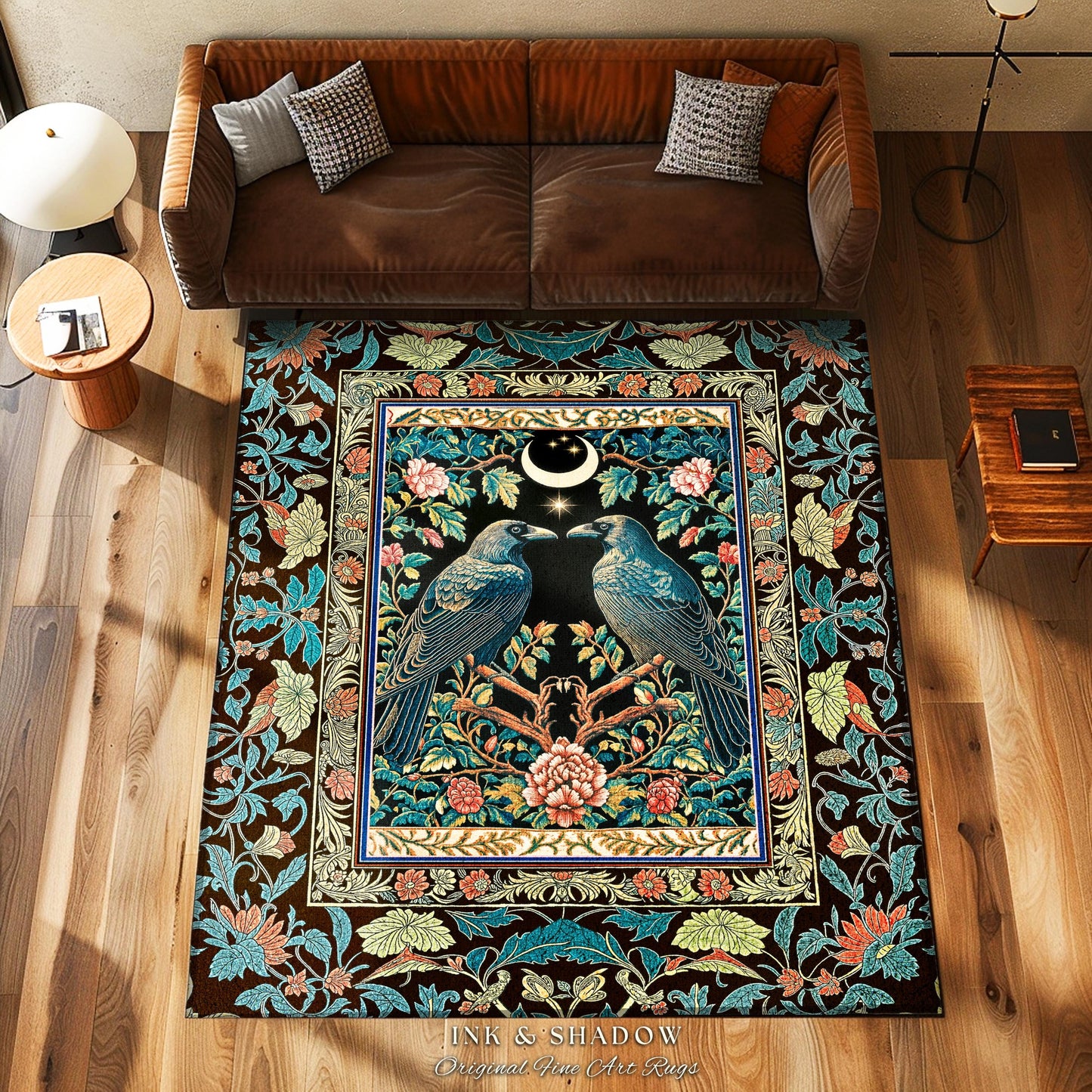 Midnight Garden Gothic Raven Rug | Celestial Victorian Accent Cozy Cottagecore Forest Style Antique Inspired Baroque Dark Academia Bedroom |