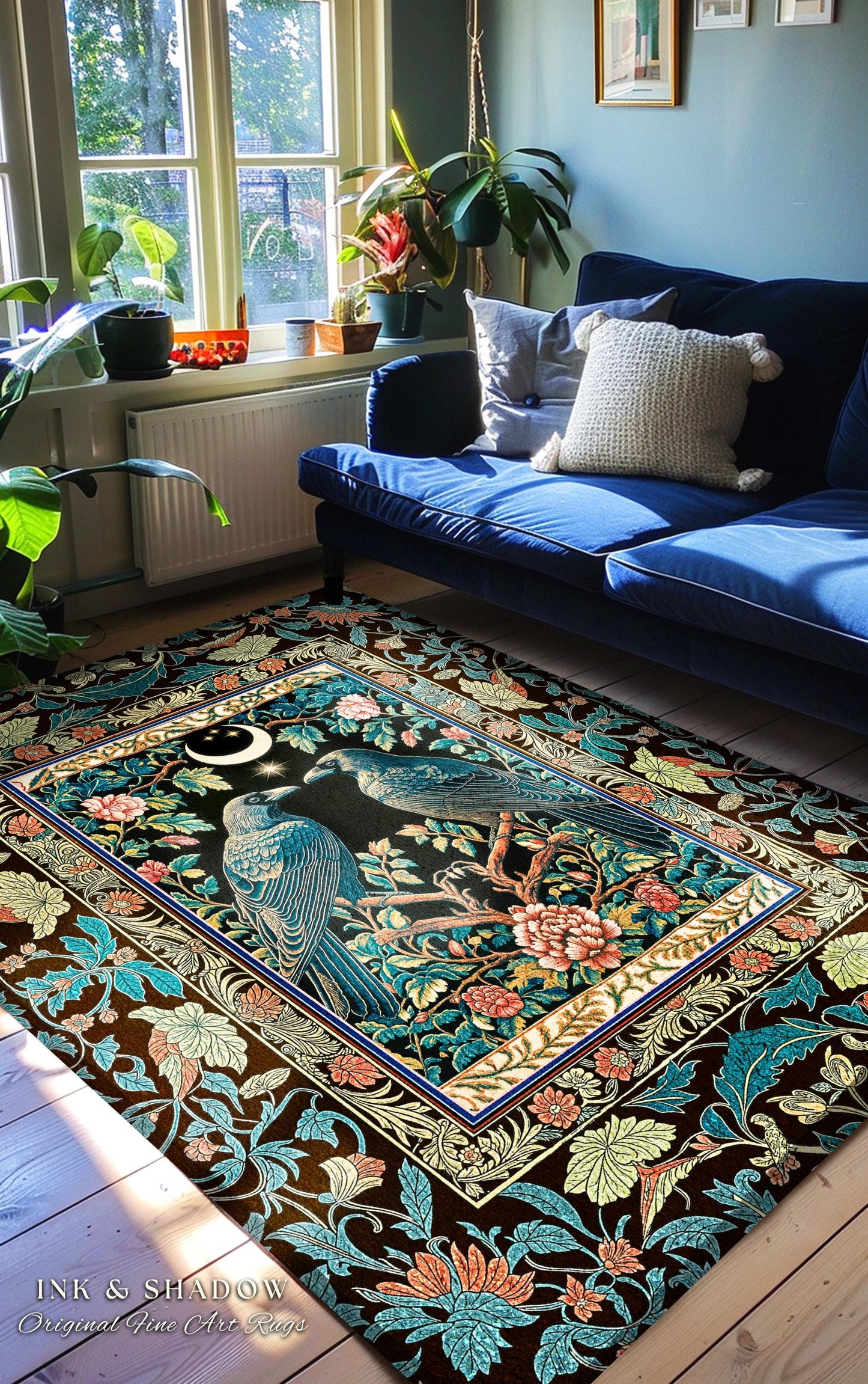 Midnight Garden Gothic Raven Rug | Celestial Victorian Accent Cozy Cottagecore Forest Style Antique Inspired Baroque Dark Academia Bedroom |