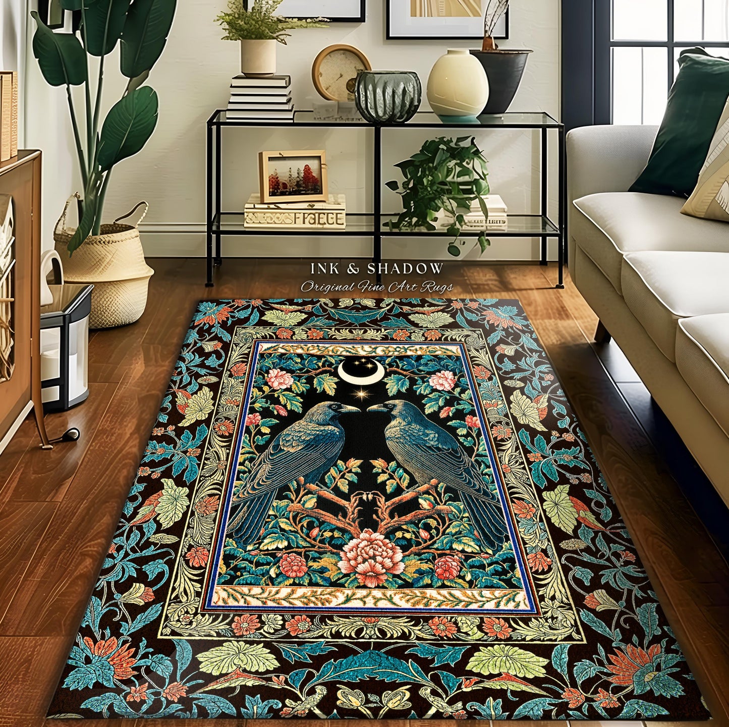 Midnight Garden Gothic Raven Rug | Celestial Victorian Accent Cozy Cottagecore Forest Style Antique Inspired Baroque Dark Academia Bedroom |