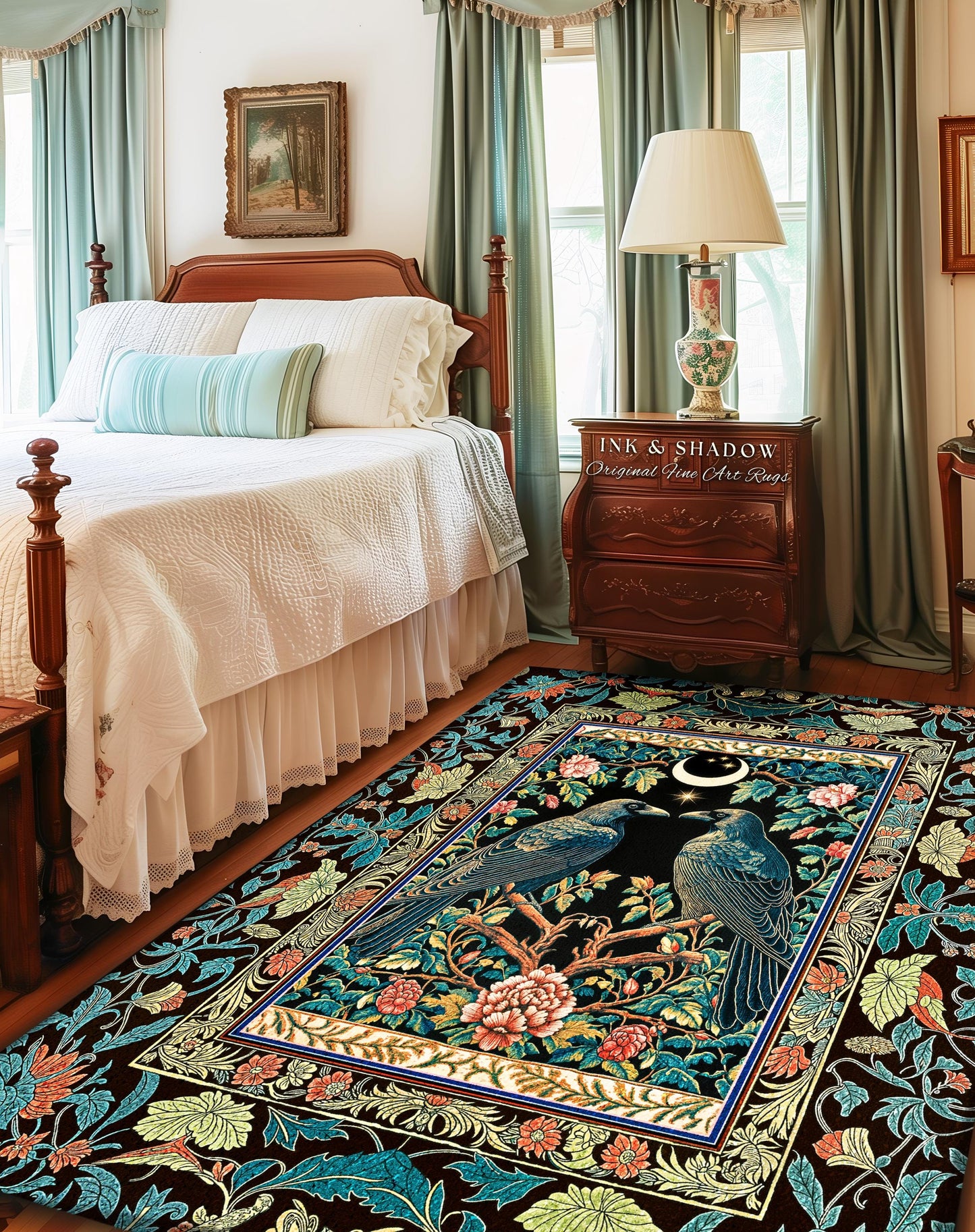 Midnight Garden Gothic Raven Rug | Celestial Victorian Accent Cozy Cottagecore Forest Style Antique Inspired Baroque Dark Academia Bedroom |