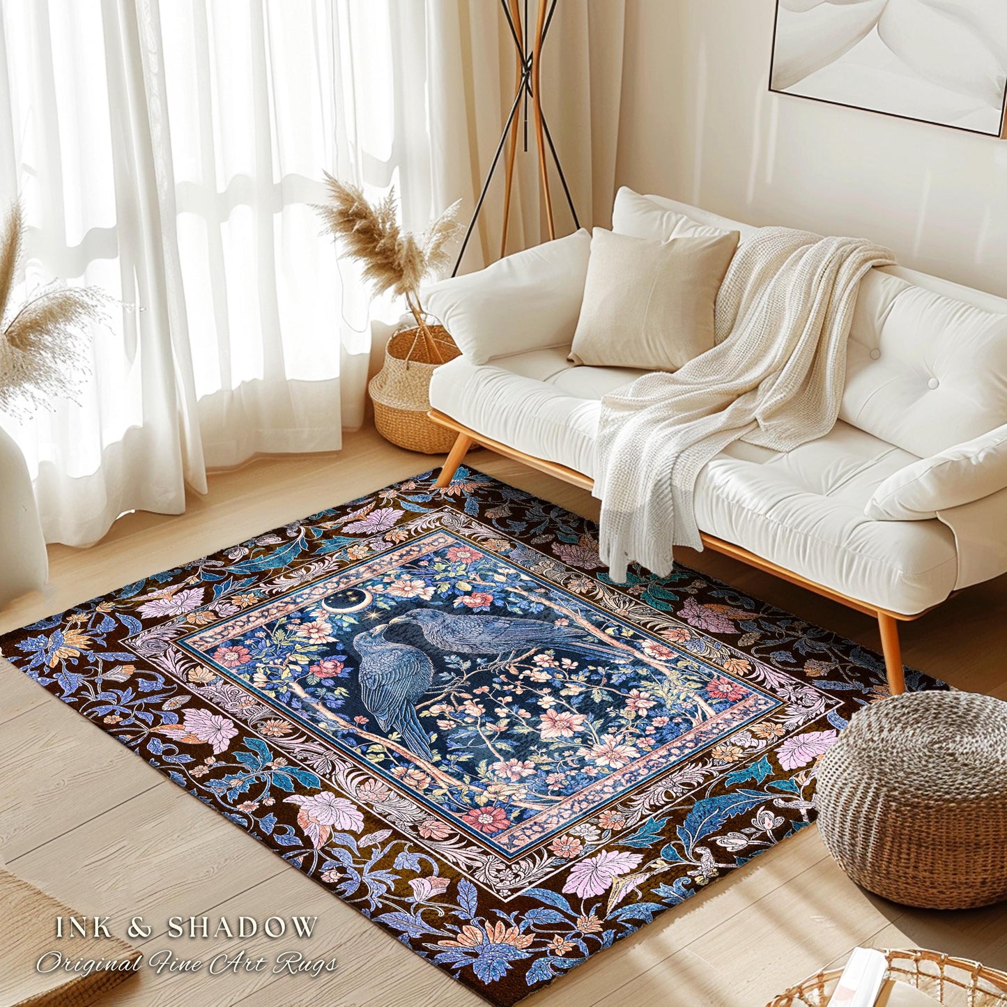 Pastel Whimsical Style Raven Rug | Medieval Maximalist Baroque Inspired Cottagecore Home Accent Light Academia Decor Antique Style Bedroom