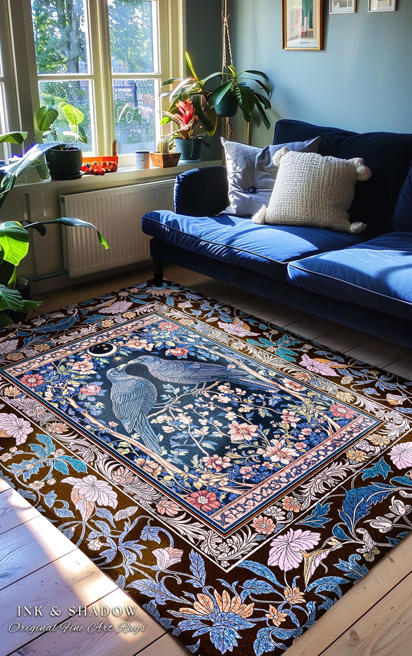Pastel Whimsical Style Raven Rug | Medieval Maximalist Baroque Inspired Cottagecore Home Accent Light Academia Decor Antique Style Bedroom