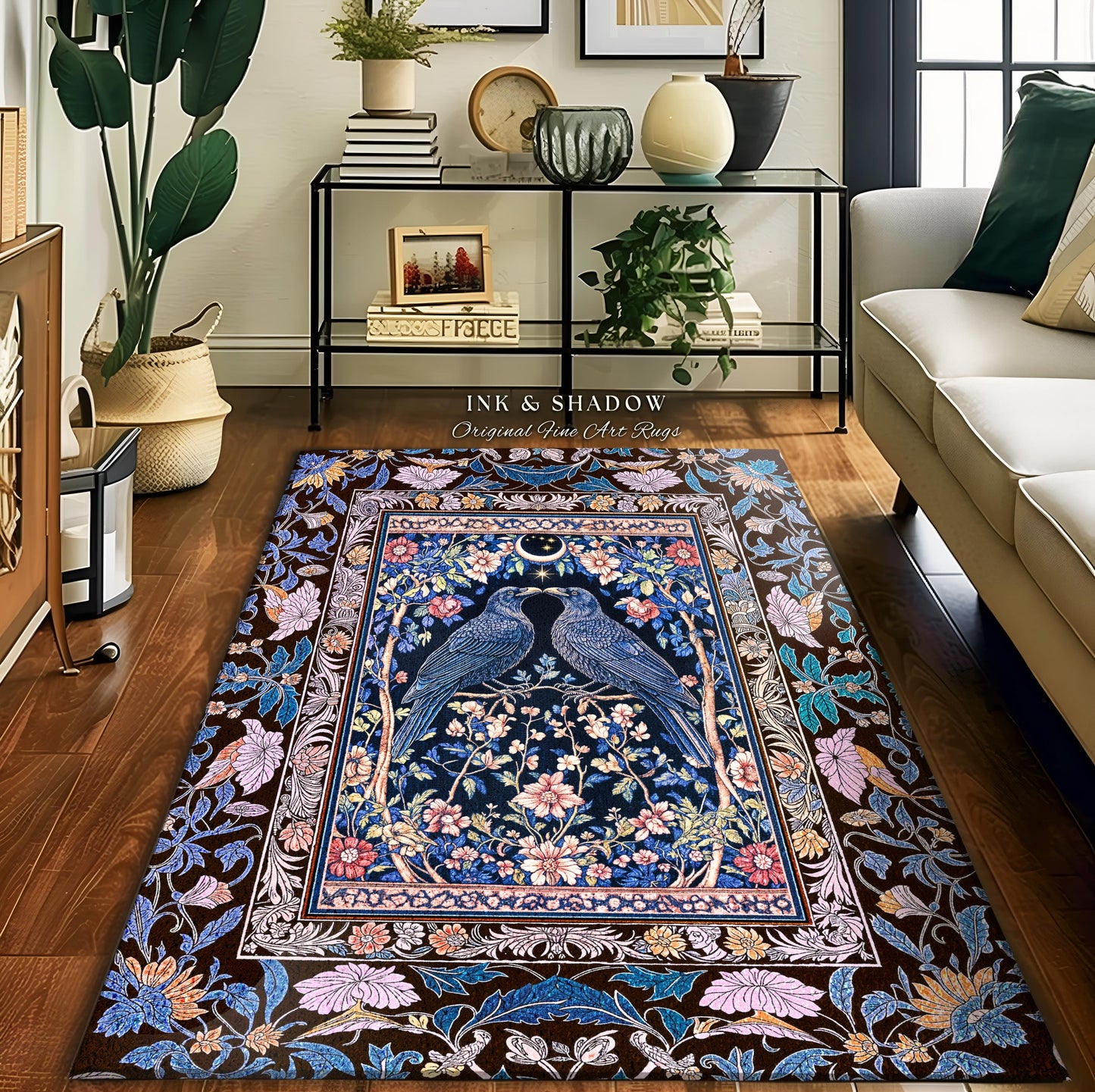 Pastel Whimsical Style Raven Rug | Medieval Maximalist Baroque Inspired Cottagecore Home Accent Light Academia Decor Antique Style Bedroom