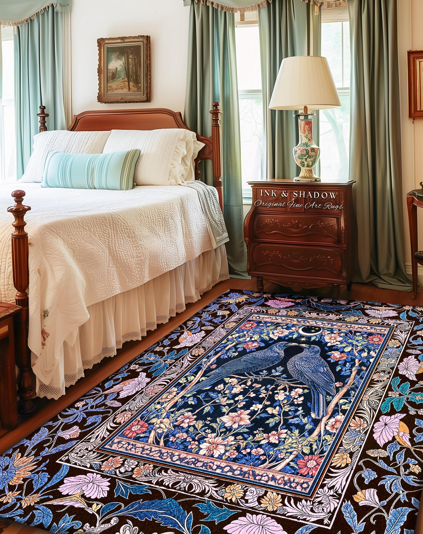 Pastel Whimsical Style Raven Rug | Medieval Maximalist Baroque Inspired Cottagecore Home Accent Light Academia Decor Antique Style Bedroom