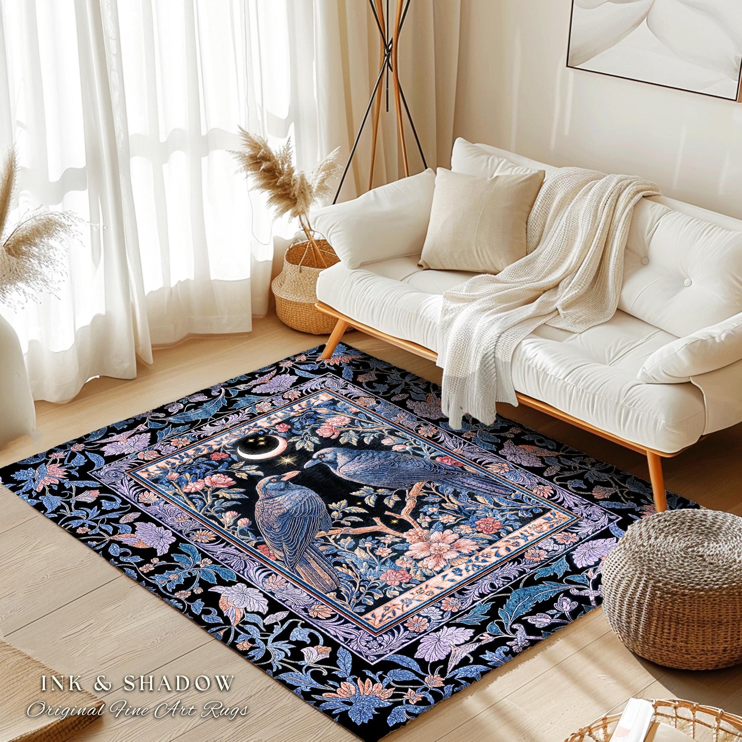 Amethyst Moon Celestial Raven Rug | Witchy Baroque Pattern Cozy Room Decor Gothic Purple Cottagecore Aesthetic Mystical Fairytale Carpet