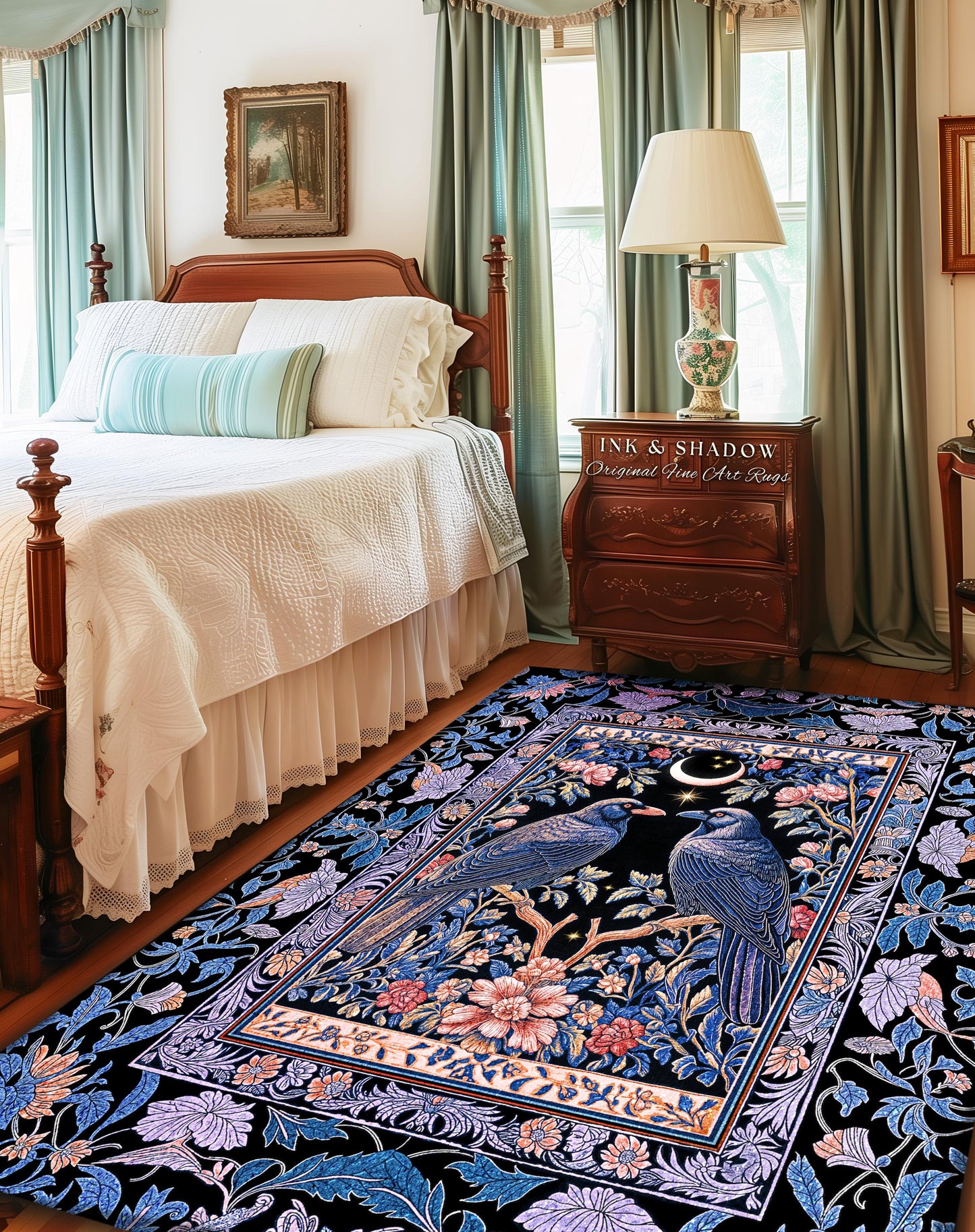 Amethyst Moon Celestial Raven Rug | Witchy Baroque Pattern Cozy Room Decor Gothic Purple Cottagecore Aesthetic Mystical Fairytale Carpet