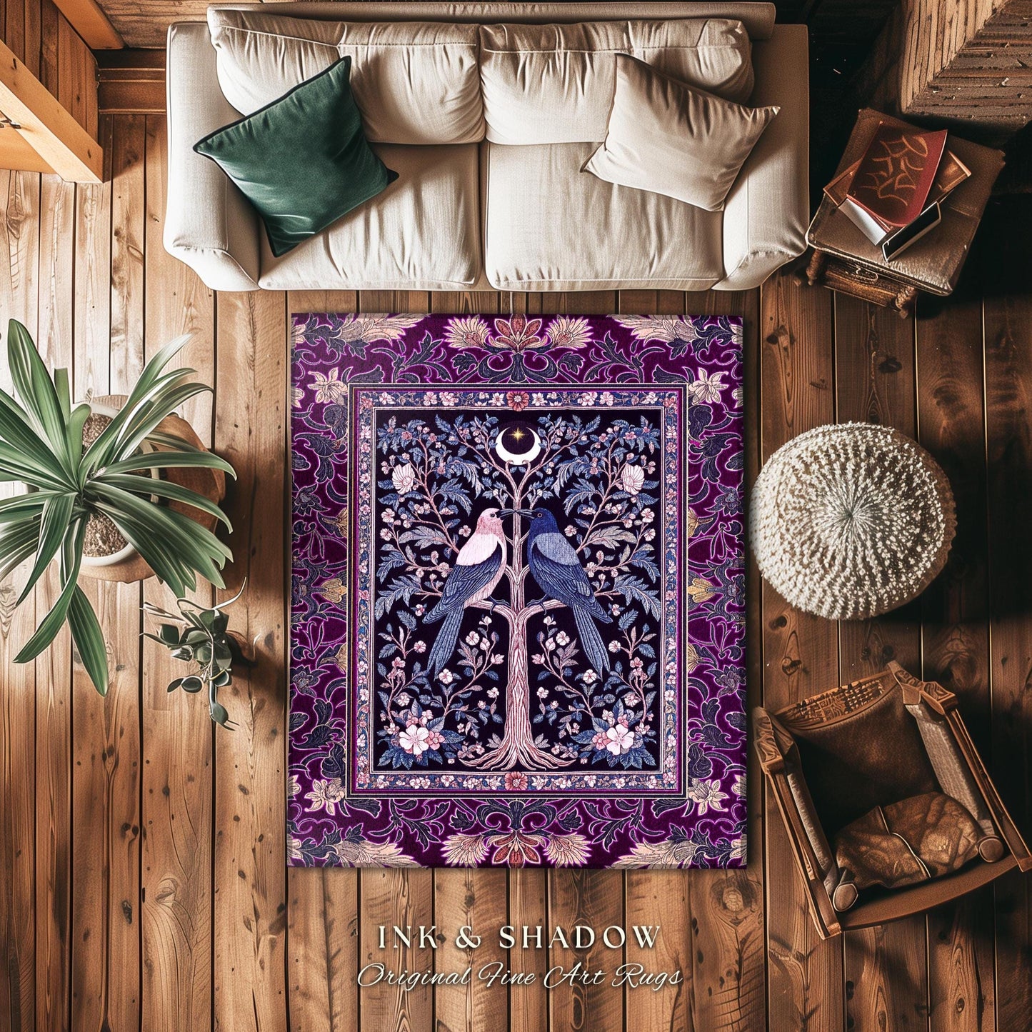 Witchy Purple Moonlit Raven Area Rug | Gothic Floral Moody Whimsical Dark Folklore Baroque Bedroom Accent Autumnal Whimsigothic Style Dorm |