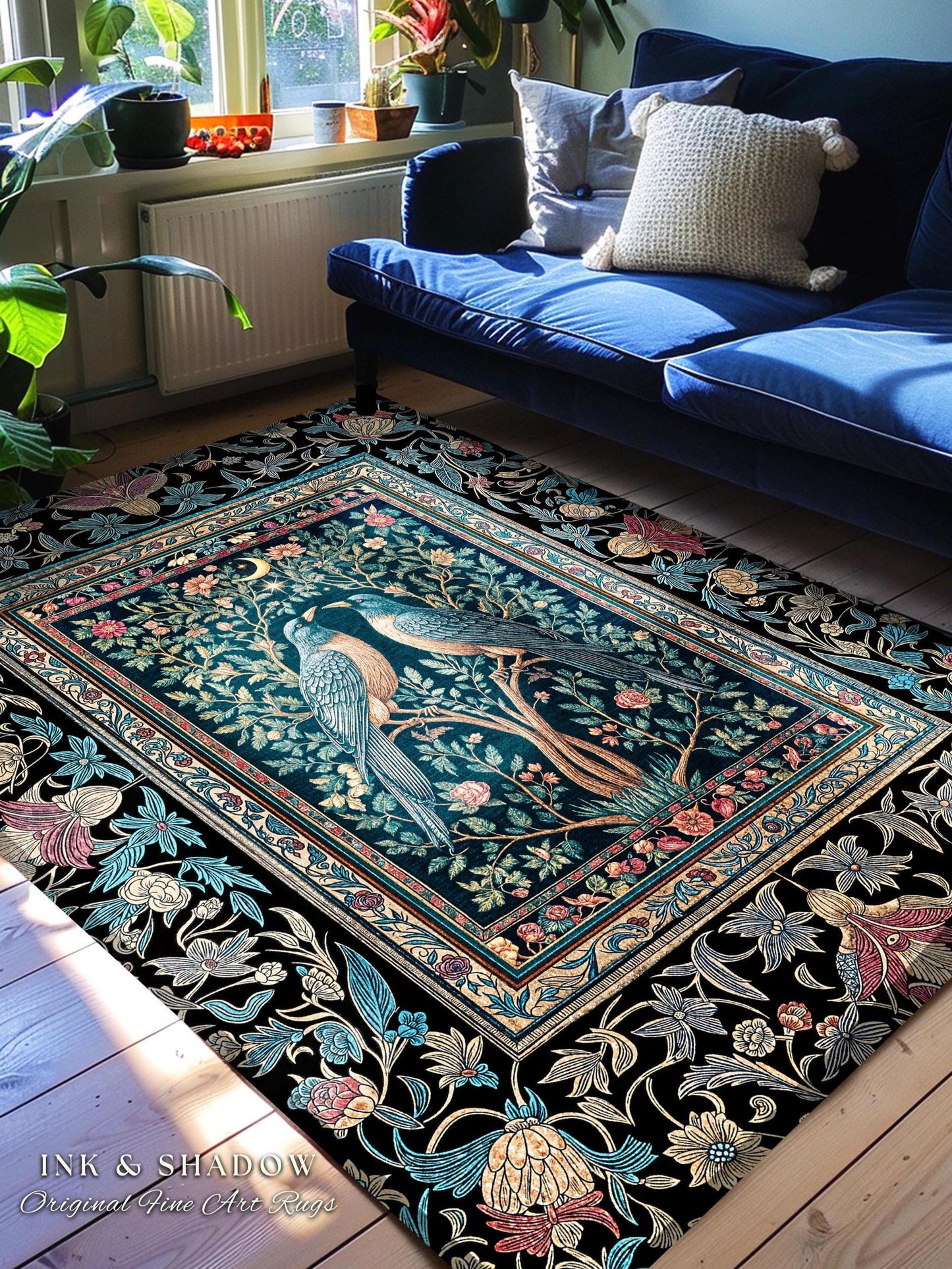 Baroque Celestial Gothic Crow Rug | Dark Academia Victorian Raven Decor Forest Cottagecore Aesthetic Cozy Moody Accent Enchanted Style Room