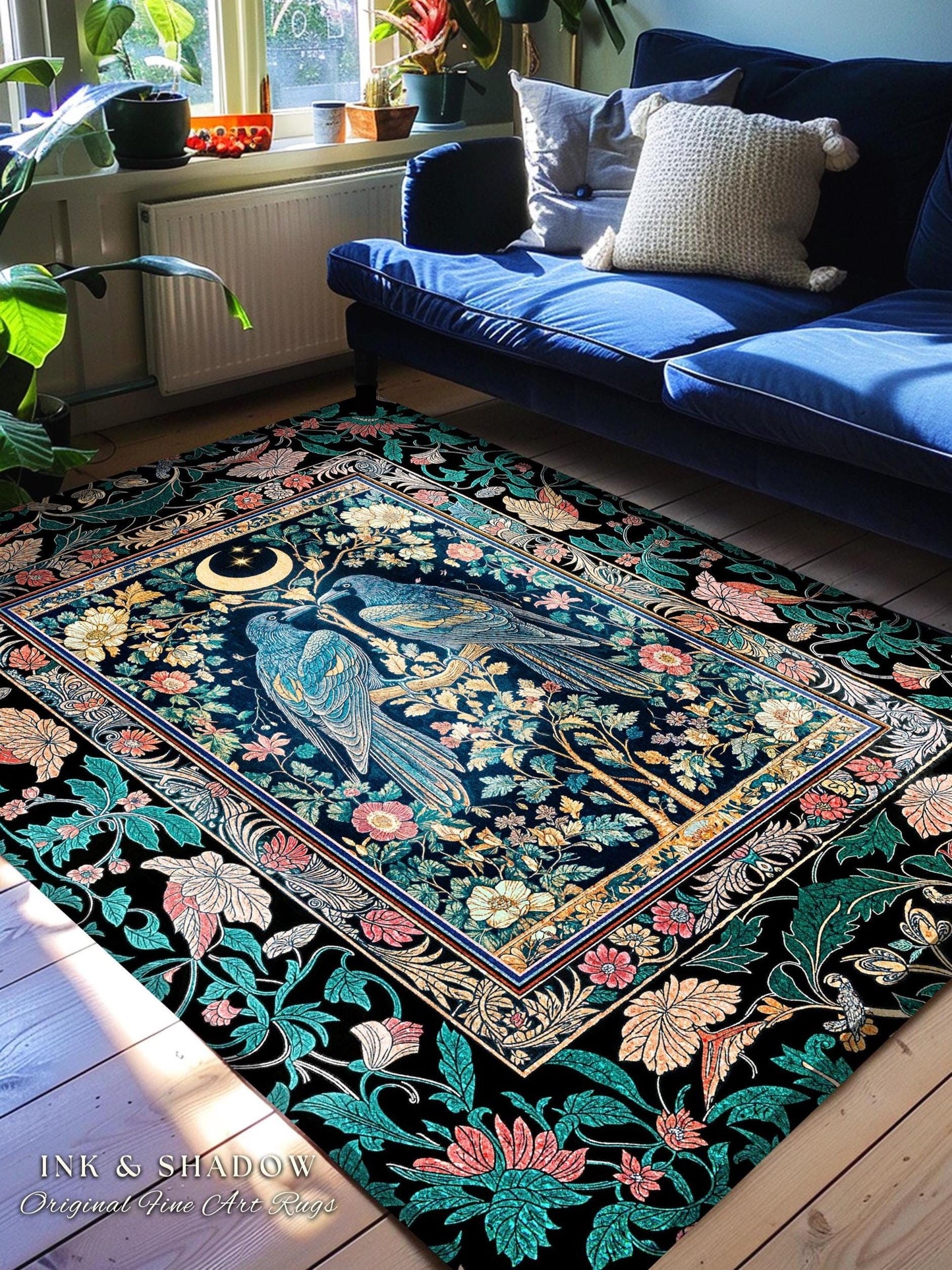 Witchy Mystic Crowcore Celestial Rug | Scandinavian Fairytale Cozy Home Accent Raven Symbolism Gothic Bedroom Mystical Room Forest Inspired
