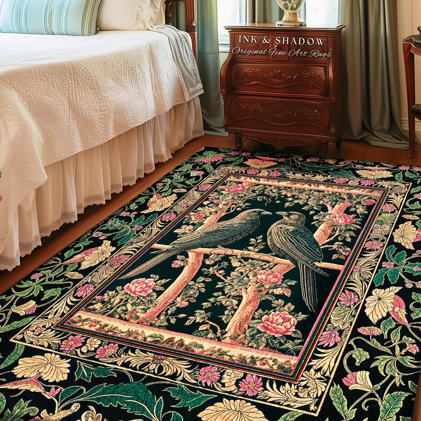 Enchanted Storybook Floral Area Rug | Cottagecore Gothic Accent Dark Academia Baroque Botanical Celestial Bedroom Mystical Maximalist Ravens