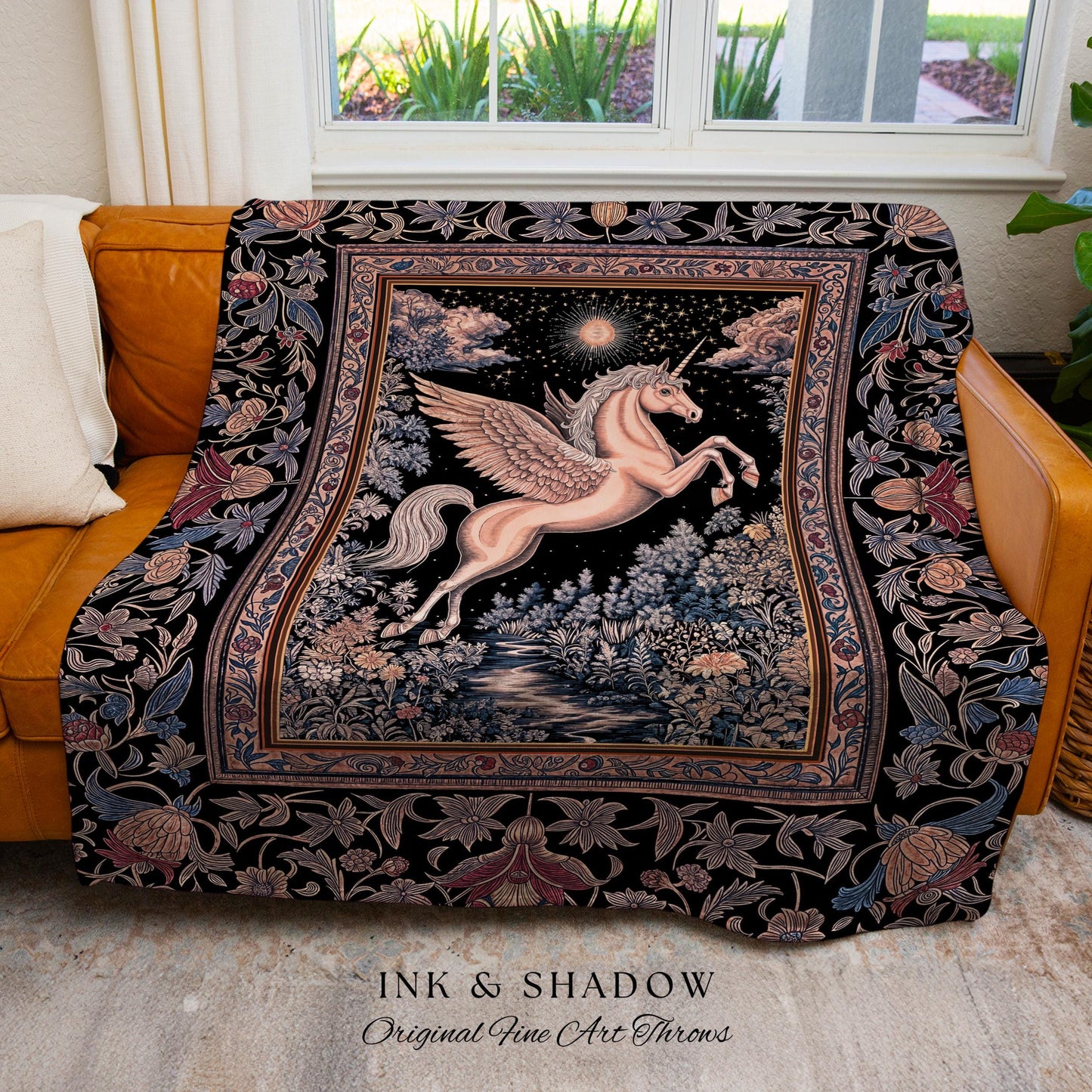 Fairytale Unicorn Fantasy Forest Tapestry | Maximalist Royalcore Decor Pink Castle Theme Gothic Bedroom Pegasus Baroque Throw Blanket Woven