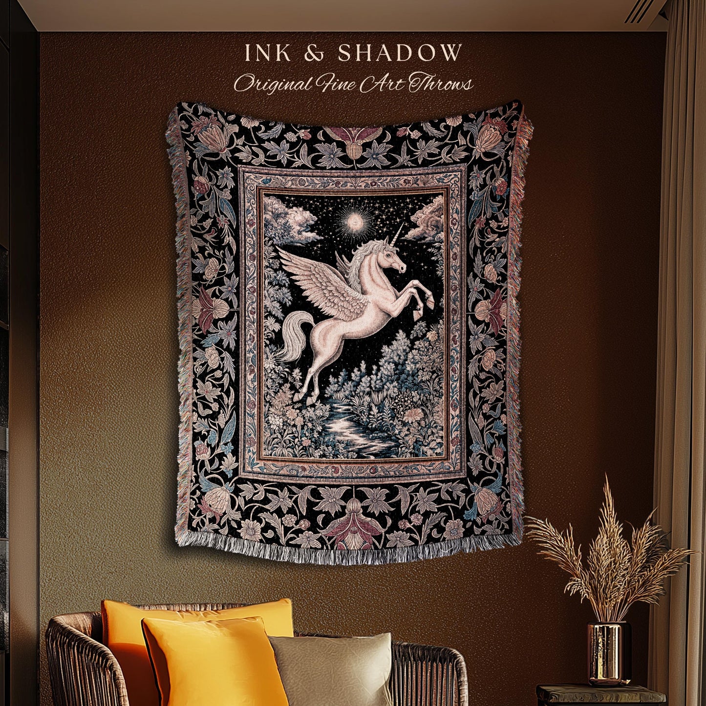 Fairytale Unicorn Fantasy Forest Tapestry | Maximalist Royalcore Decor Pink Castle Theme Gothic Bedroom Pegasus Baroque Throw Blanket Woven