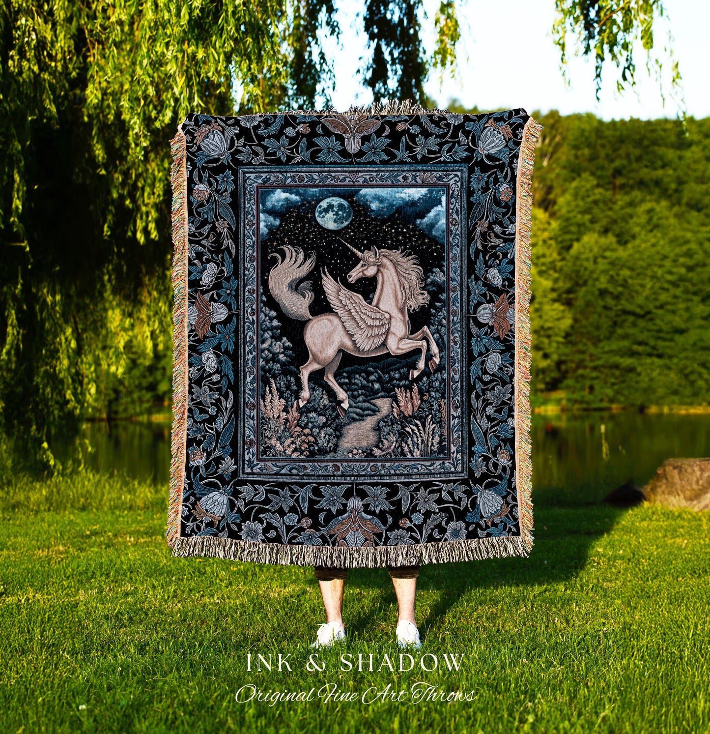 Starlit Blue Pegasus Ethereal Throw | Mystical Castlecore Decor Fairytale Baroque Woven Tapestry Blanket Regal Fantasy Moonlight Forest |