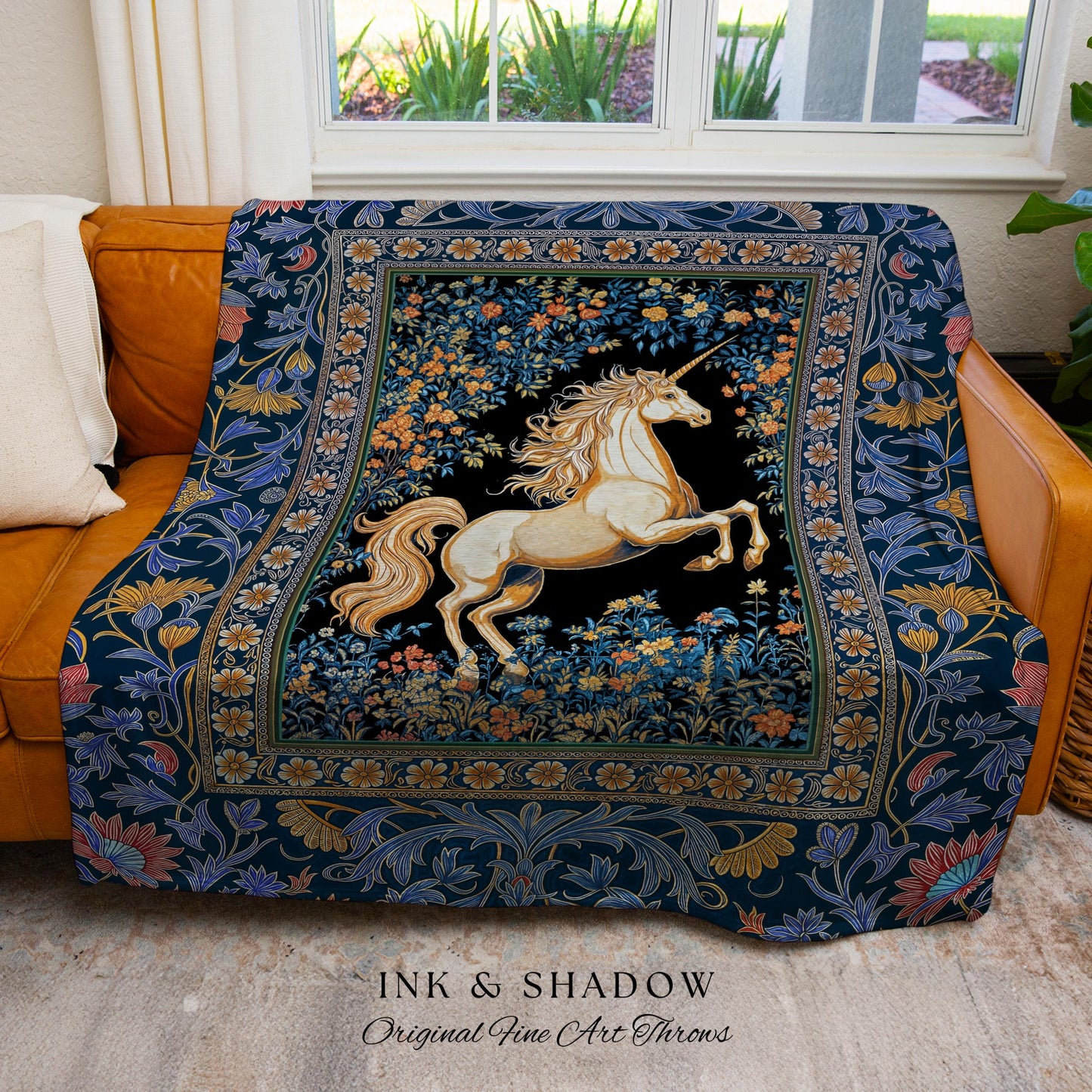 Twilight Floral Ornate Unicorn Tapestry | Blue Orange Baroque Fairytale Decor Regal Style Romantic Gothic Throw Blanket Accent Mystical |