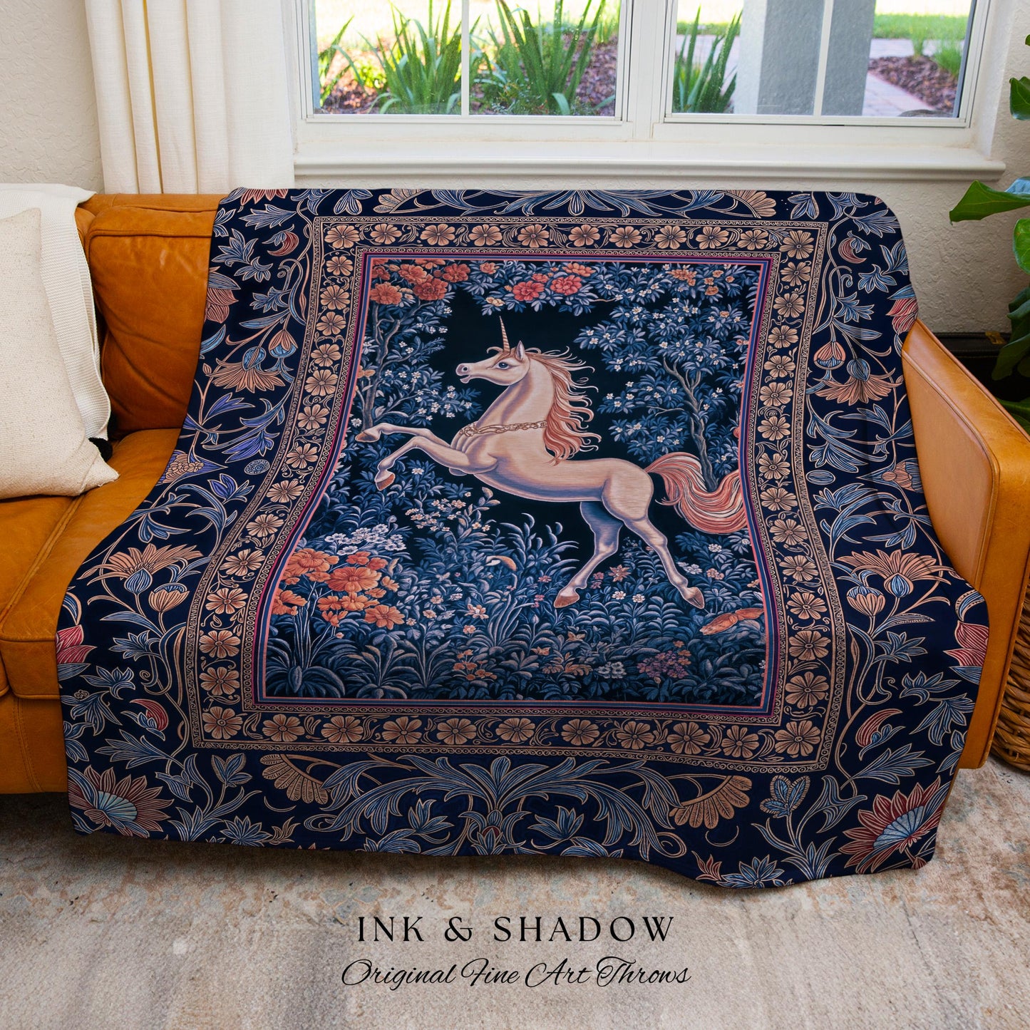 Storybook Unicorn Mystic Woven Throw | Pastel Blue Forest Pegasus Accent Fairytale Baroque Decor Romantic Tapestry Mystic Cottagecore Regal