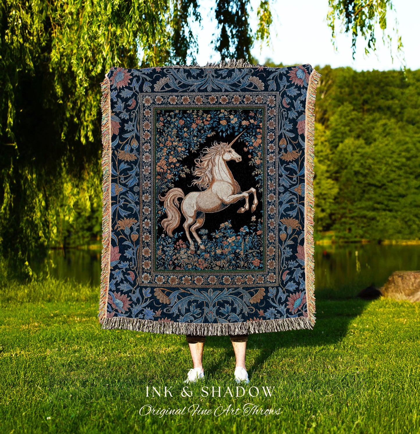 Twilight Floral Ornate Unicorn Tapestry | Blue Orange Baroque Fairytale Decor Regal Style Romantic Gothic Throw Blanket Accent Mystical |