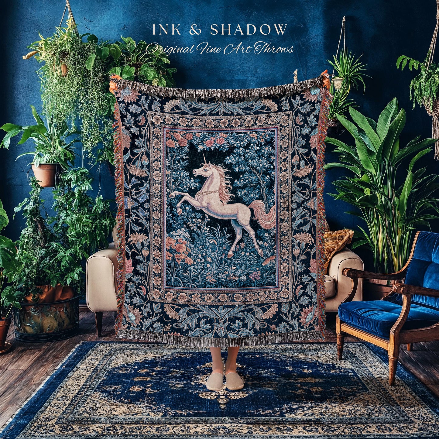 Storybook Unicorn Mystic Woven Throw | Pastel Blue Forest Pegasus Accent Fairytale Baroque Decor Romantic Tapestry Mystic Cottagecore Regal