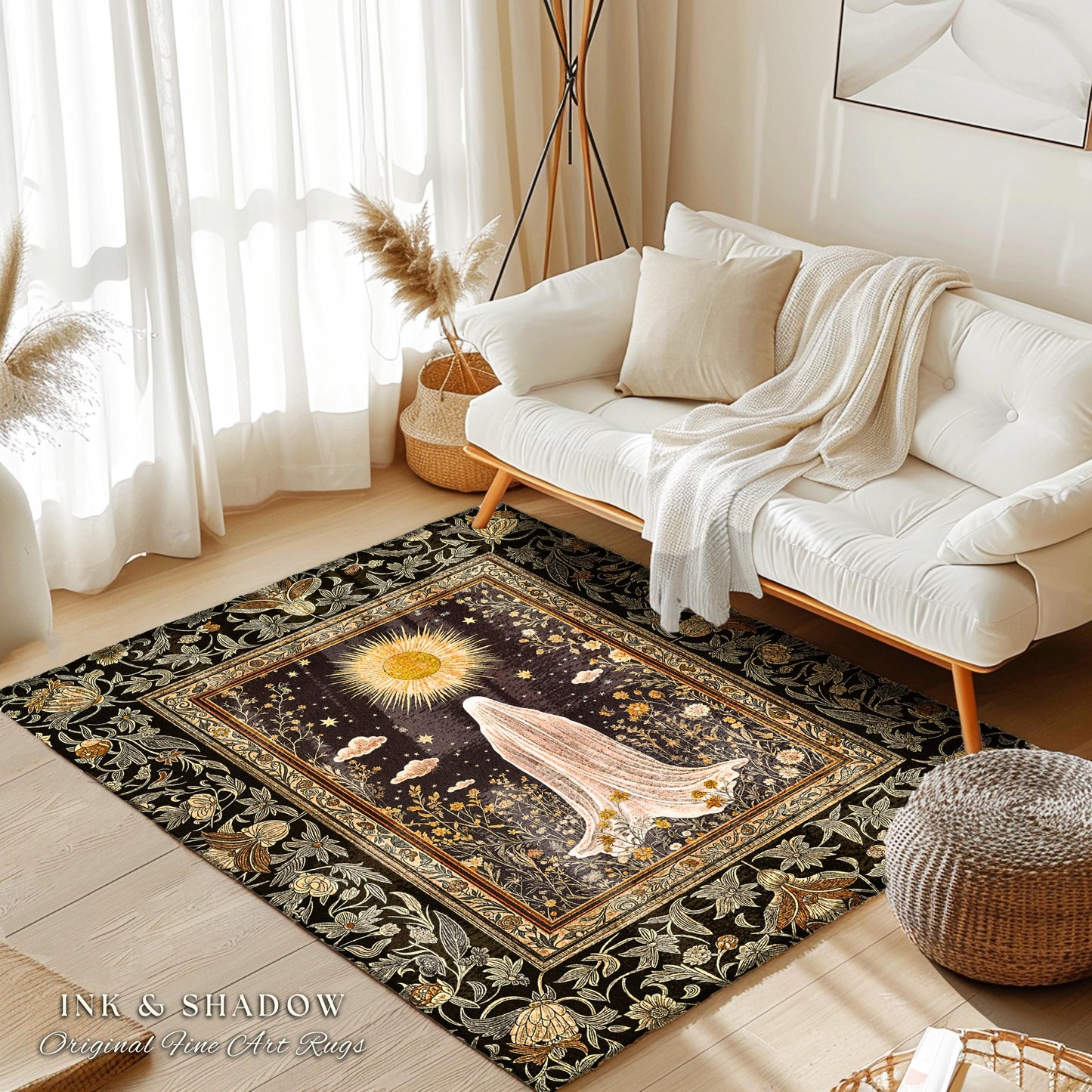 Golden Hour Mystic Ghost Rug | Autumn Floral Aesthetic Area Rug Halloween Decor Whimsigoth Cottagecore Spirit Home Decor Witchy Theme Accent
