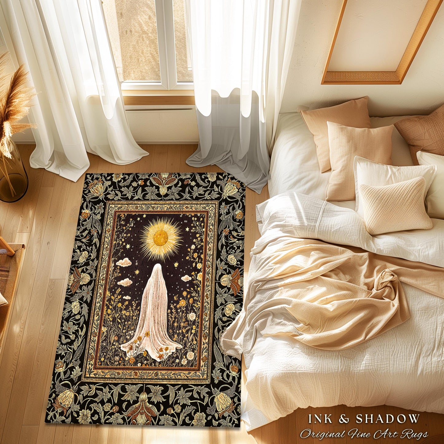 Golden Hour Mystic Ghost Rug | Autumn Floral Aesthetic Area Rug Halloween Decor Whimsigoth Cottagecore Spirit Home Decor Witchy Theme Accent