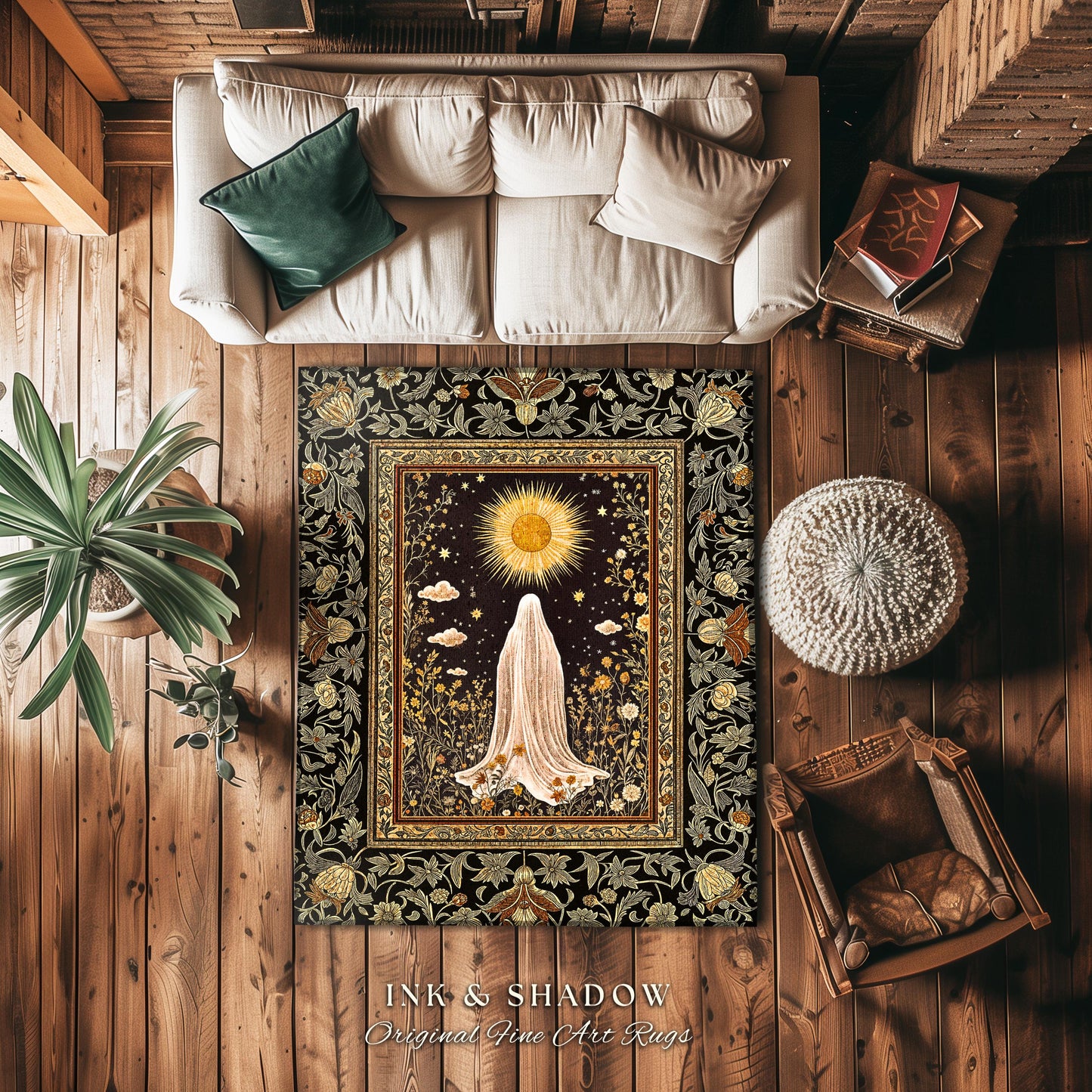 Golden Hour Mystic Ghost Rug | Autumn Floral Aesthetic Area Rug Halloween Decor Whimsigoth Cottagecore Spirit Home Decor Witchy Theme Accent