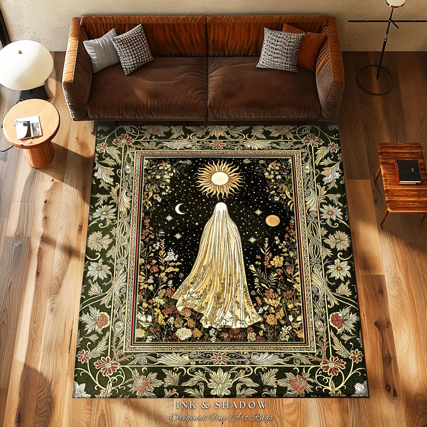 Sun Moon Spirit Ghost Accent Rug | Floral Halloween Whimsigoth Decor Cottagecore Area Rug Gothic Home Accent Spooky Season Botanical Cozy |