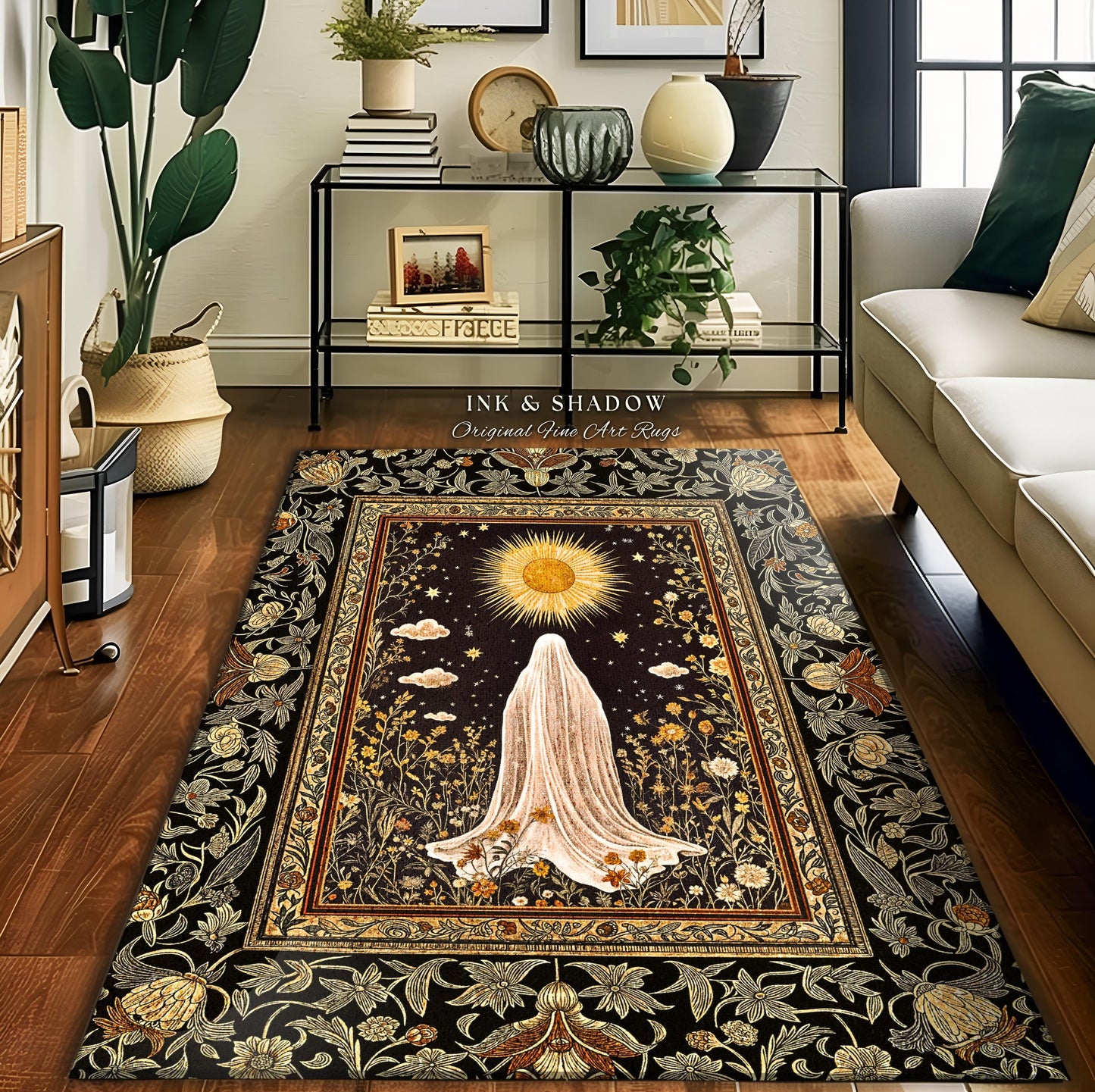 Golden Hour Mystic Ghost Rug | Autumn Floral Aesthetic Area Rug Halloween Decor Whimsigoth Cottagecore Spirit Home Decor Witchy Theme Accent