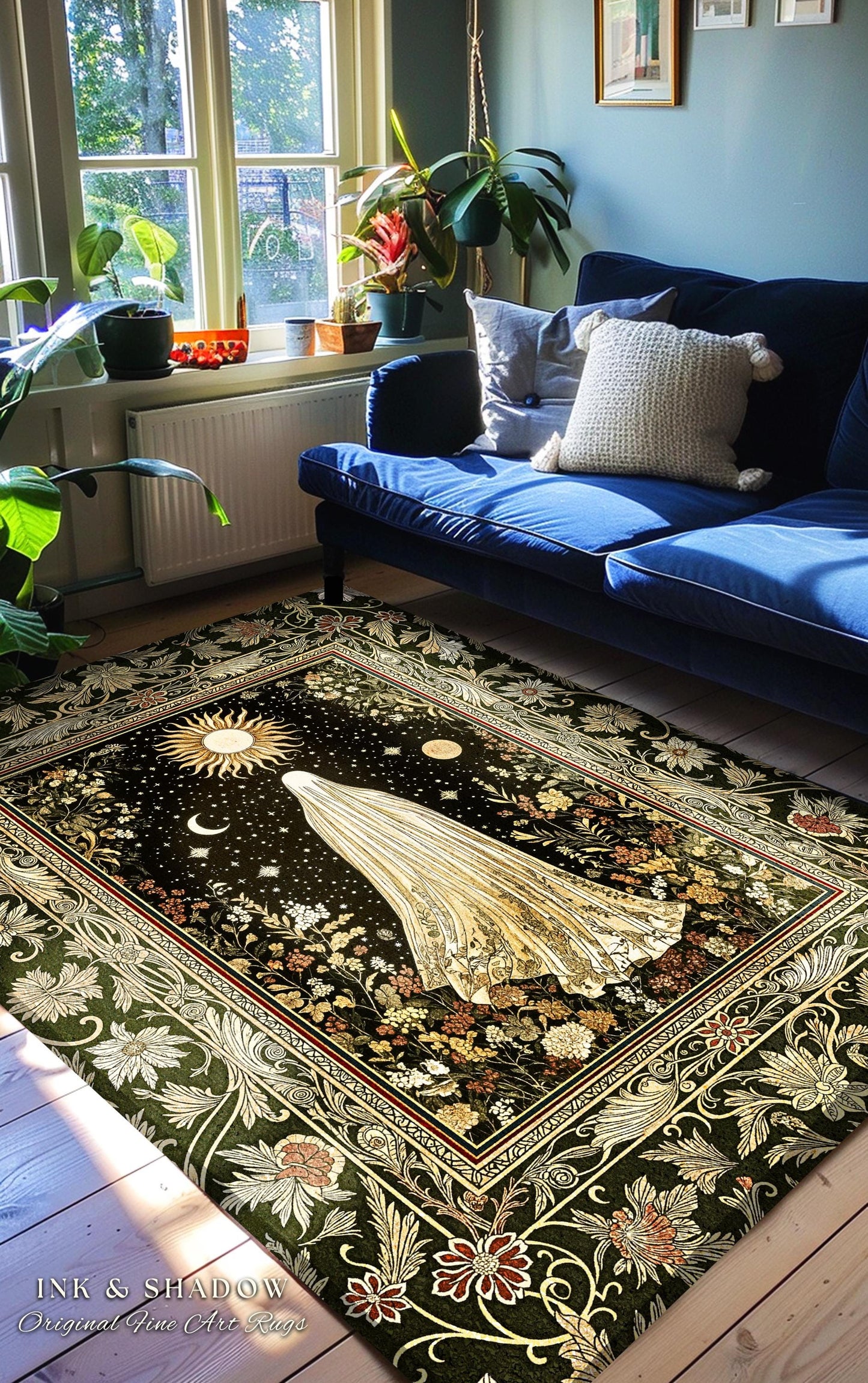 Sun Moon Spirit Ghost Accent Rug | Floral Halloween Whimsigoth Decor Cottagecore Area Rug Gothic Home Accent Spooky Season Botanical Cozy |