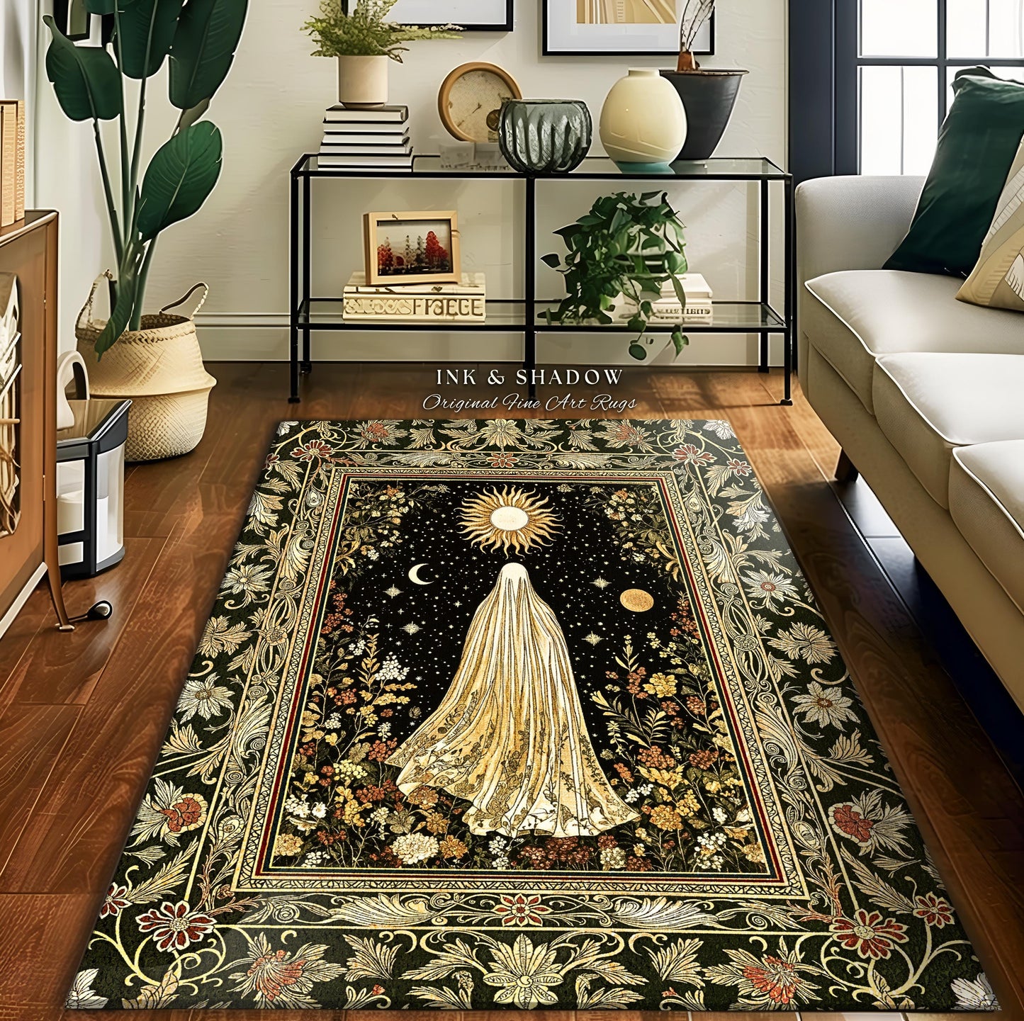 Sun Moon Spirit Ghost Accent Rug | Floral Halloween Whimsigoth Decor Cottagecore Area Rug Gothic Home Accent Spooky Season Botanical Cozy |