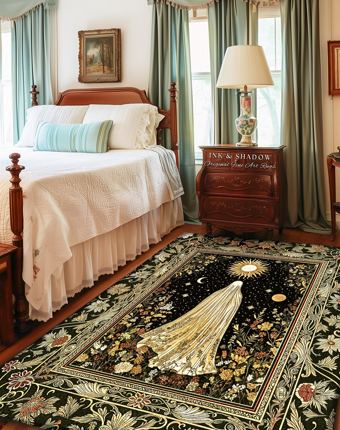 Sun Moon Spirit Ghost Accent Rug | Floral Halloween Whimsigoth Decor Cottagecore Area Rug Gothic Home Accent Spooky Season Botanical Cozy |